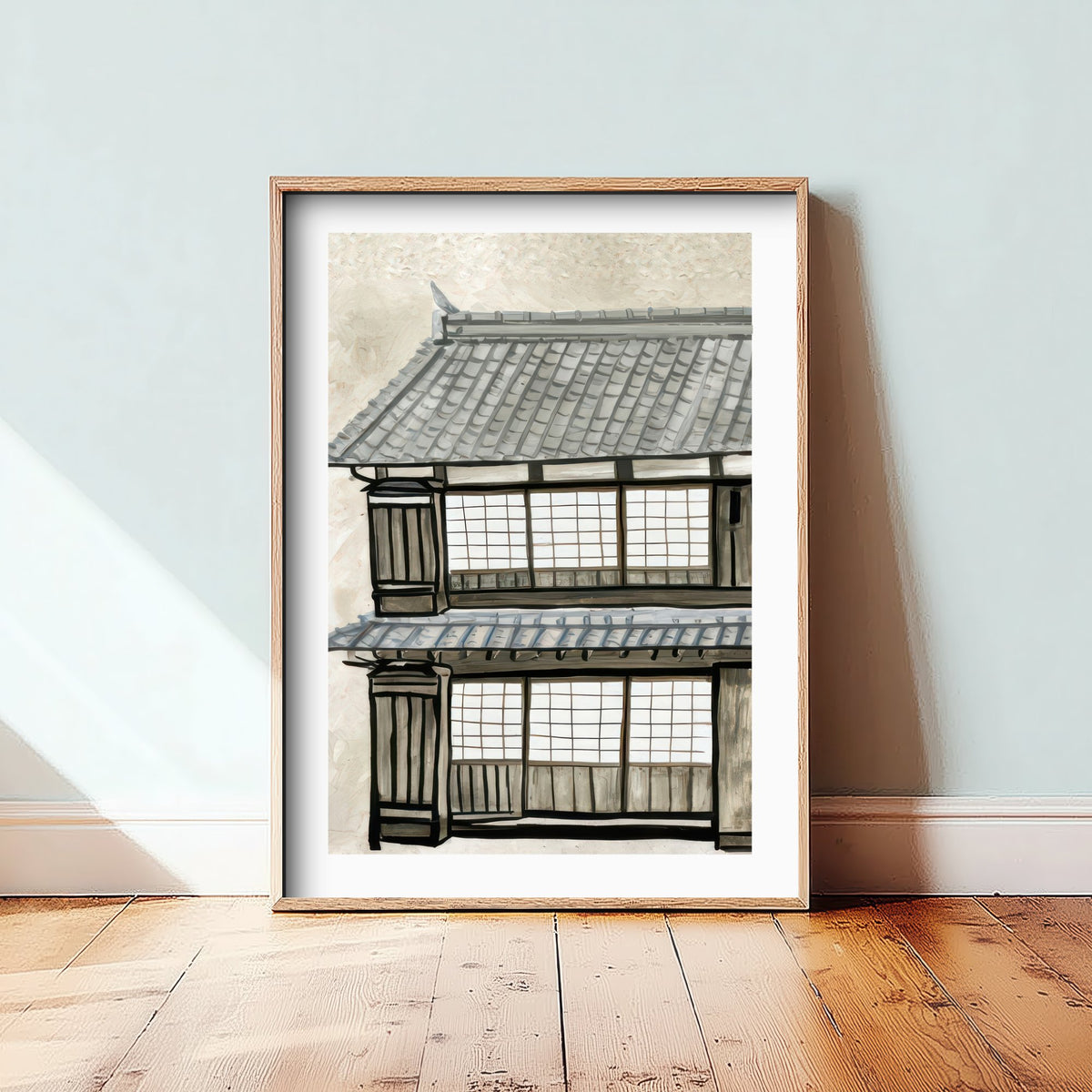 Japanese Townhouse Art Print - Old Kyoto Street Poster - Monochrome Gouache Style Illustration V1 3/3