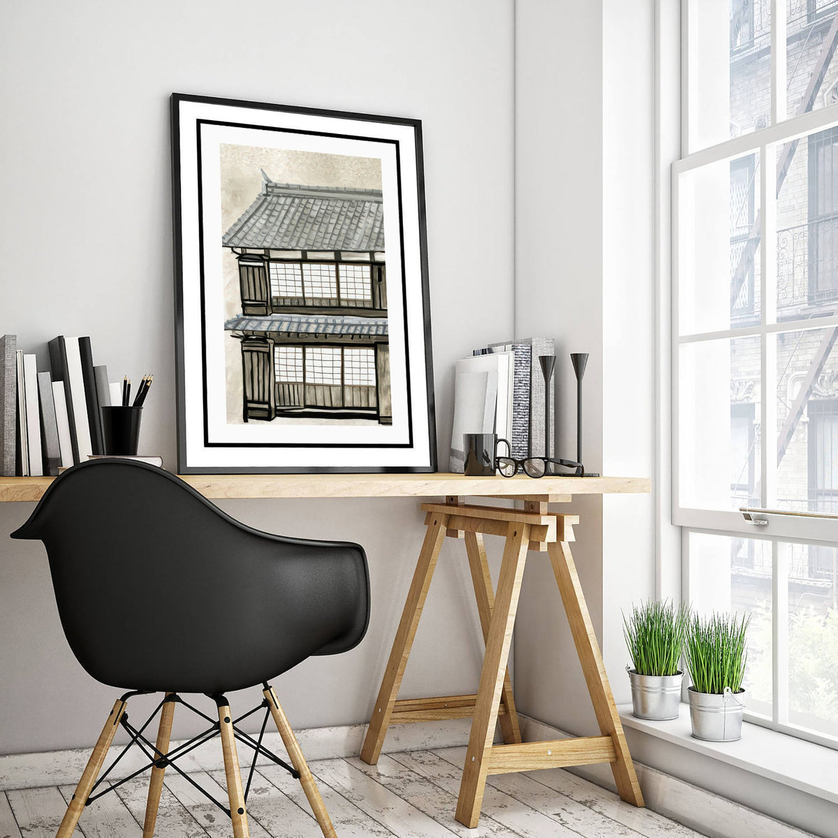 Japanese Townhouse Art Print - Old Kyoto Street Poster - Monochrome Gouache Style Illustration V1 3/3