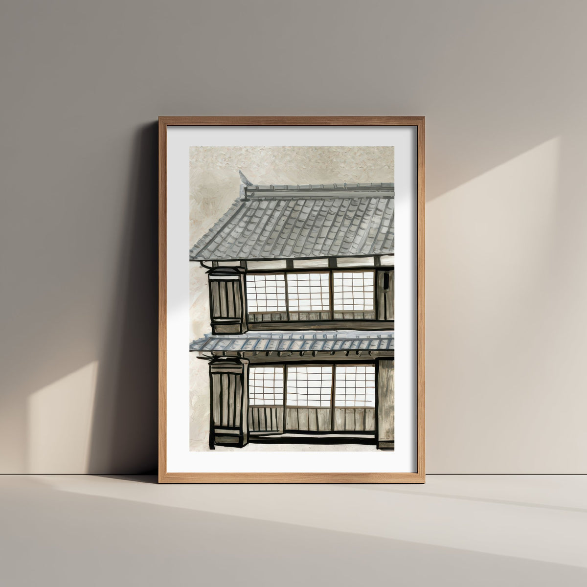 Japanese Townhouse Art Print - Old Kyoto Street Poster - Monochrome Gouache Style Illustration V1 3/3