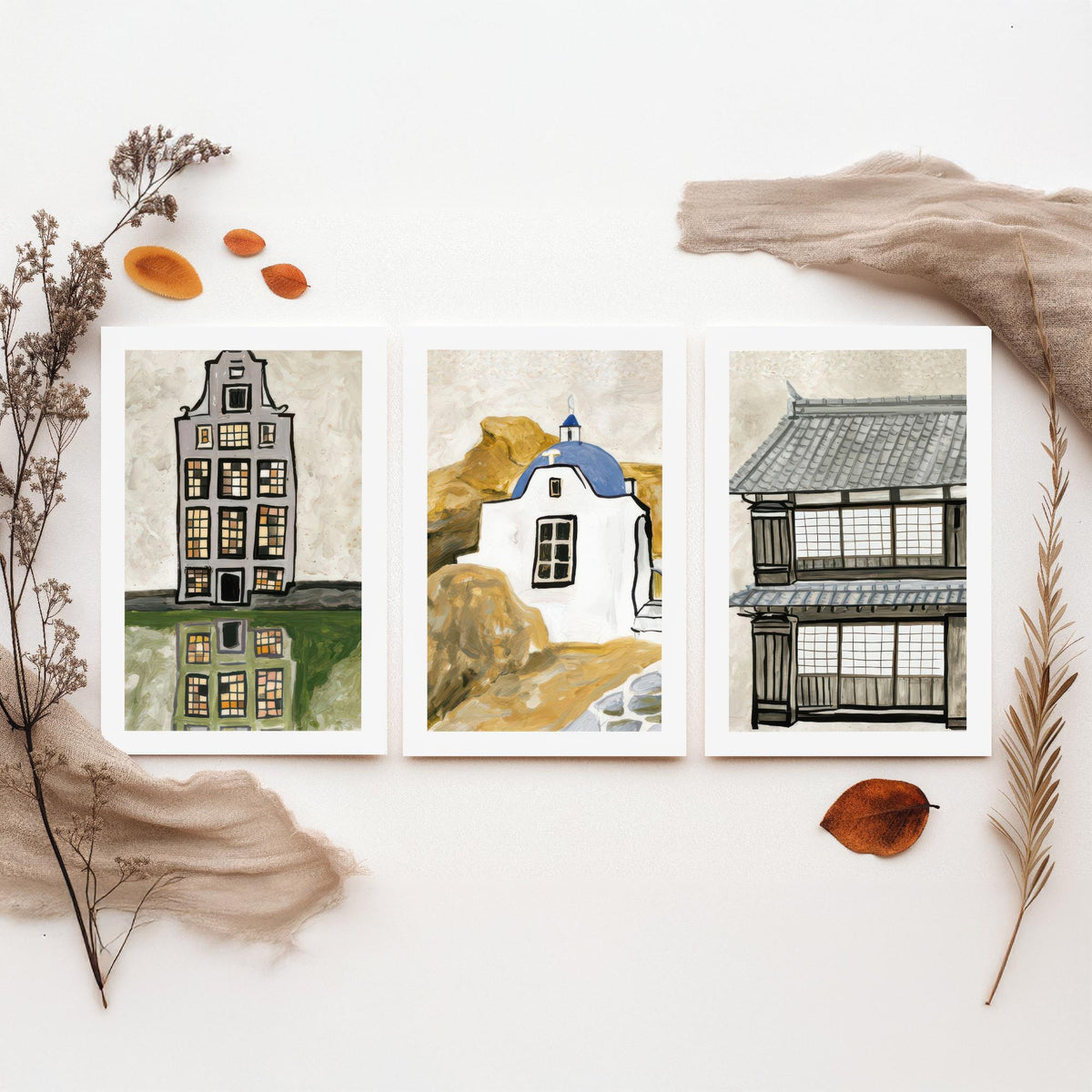 Amsterdam Canal House, Greek Chapel & Japanese Townhouse Set of Three Art Prints - World Architecture Gouache Style Poster Illustration V1