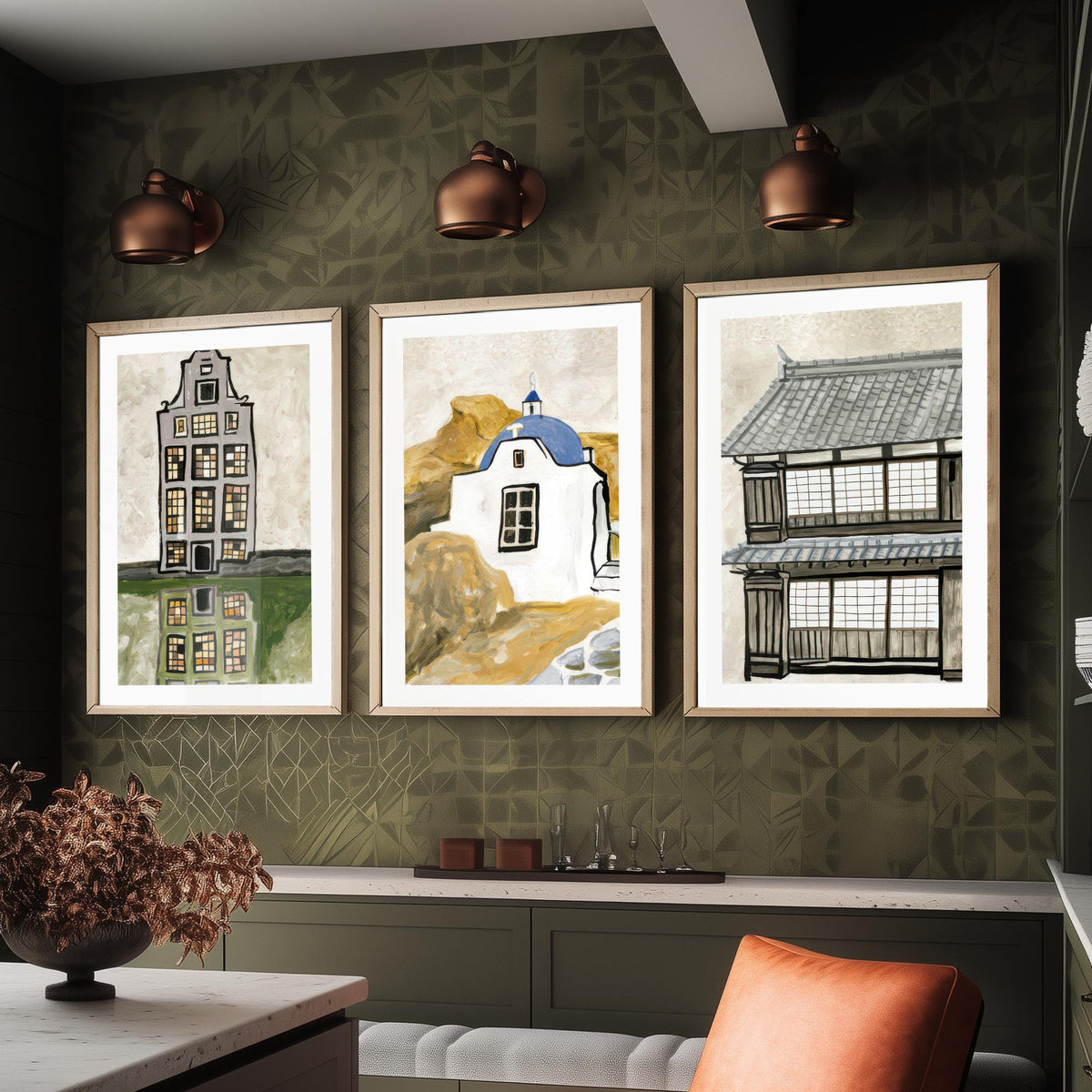 Amsterdam Canal House, Greek Chapel & Japanese Townhouse Set of Three Art Prints - World Architecture Gouache Style Poster Illustration V1