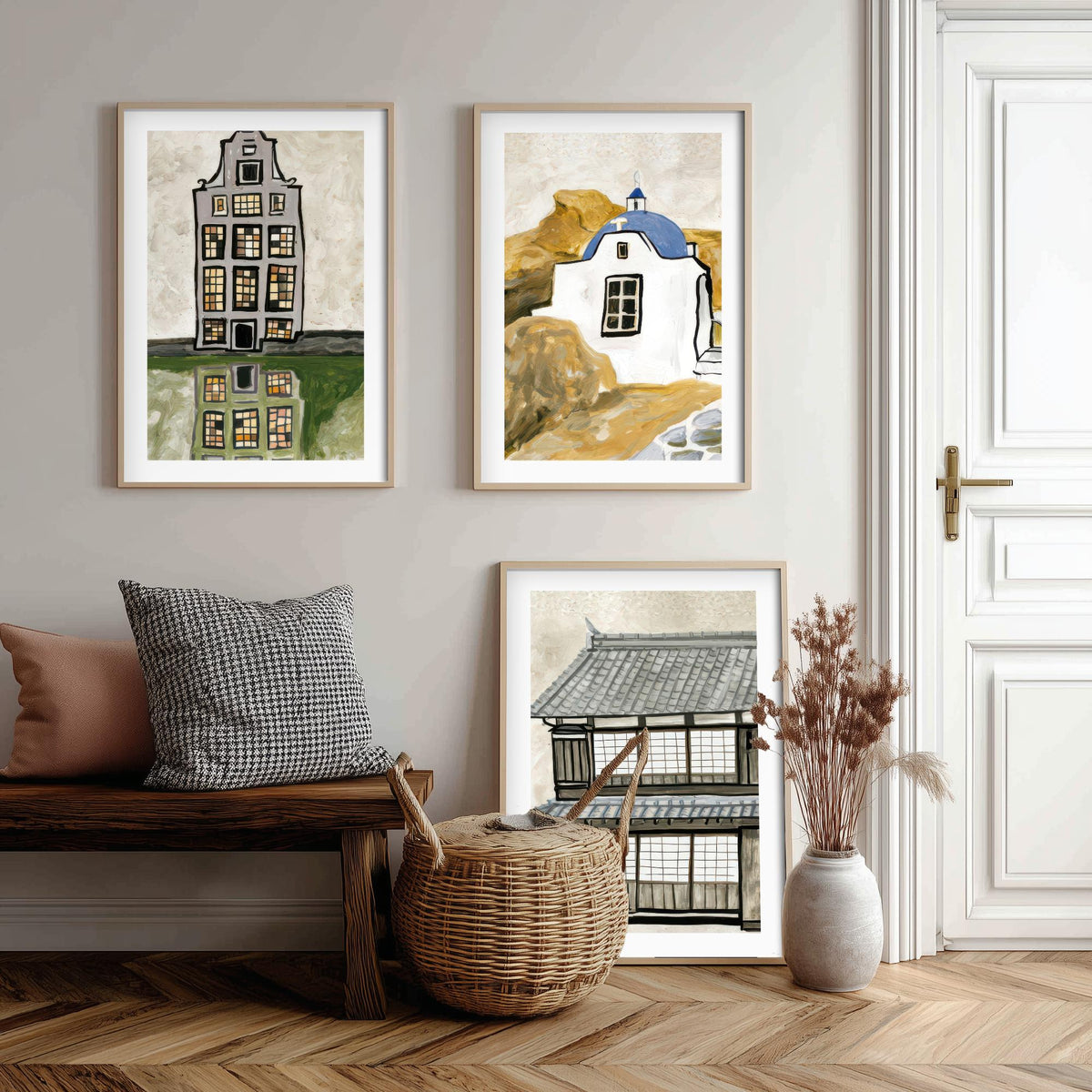 Amsterdam Canal House, Greek Chapel & Japanese Townhouse Set of Three Art Prints - World Architecture Gouache Style Poster Illustration V1