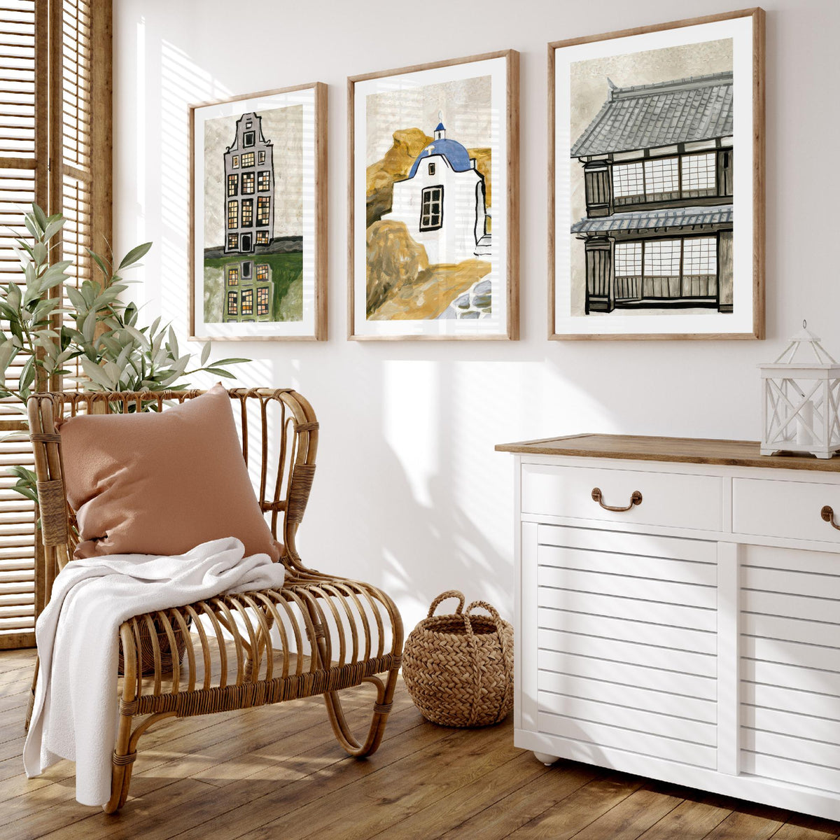 Amsterdam Canal House, Greek Chapel & Japanese Townhouse Set of Three Art Prints - World Architecture Gouache Style Poster Illustration V1