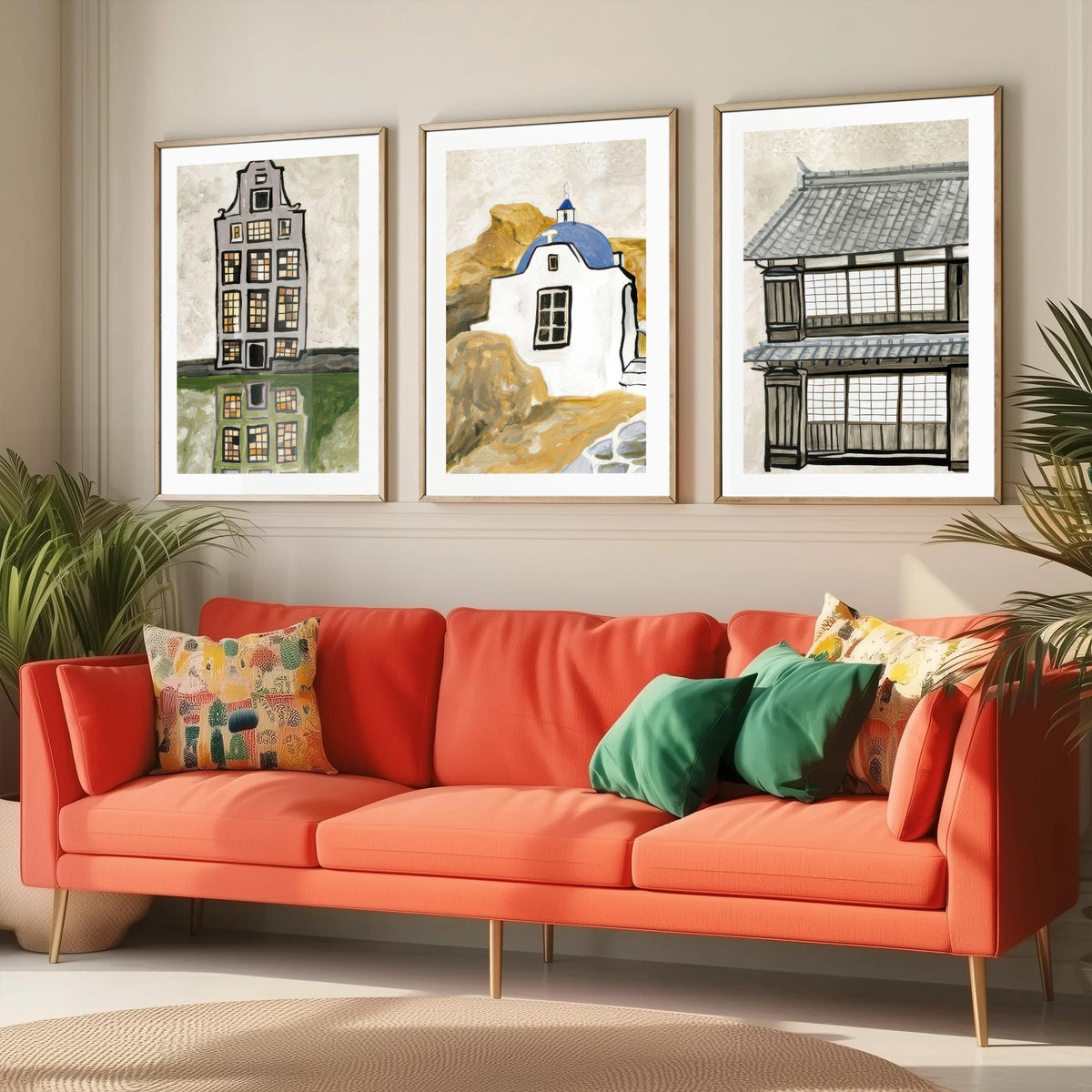Amsterdam Canal House, Greek Chapel & Japanese Townhouse Set of Three Art Prints - World Architecture Gouache Style Poster Illustration V1