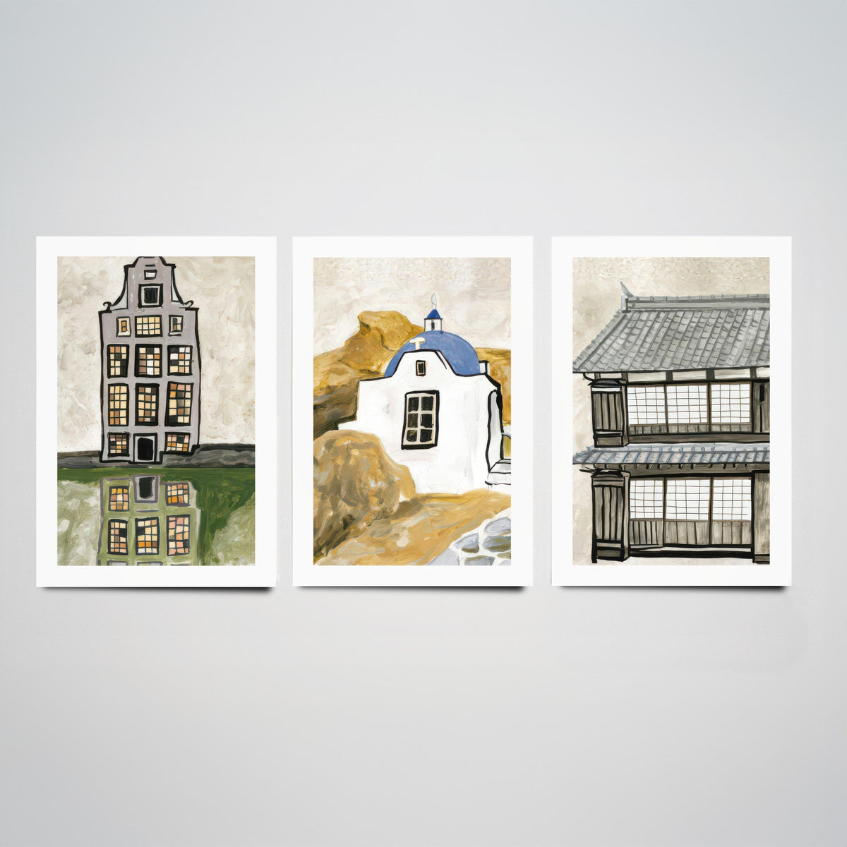 Amsterdam Canal House, Greek Chapel & Japanese Townhouse Set of Three Art Prints - World Architecture Gouache Style Poster Illustration V1