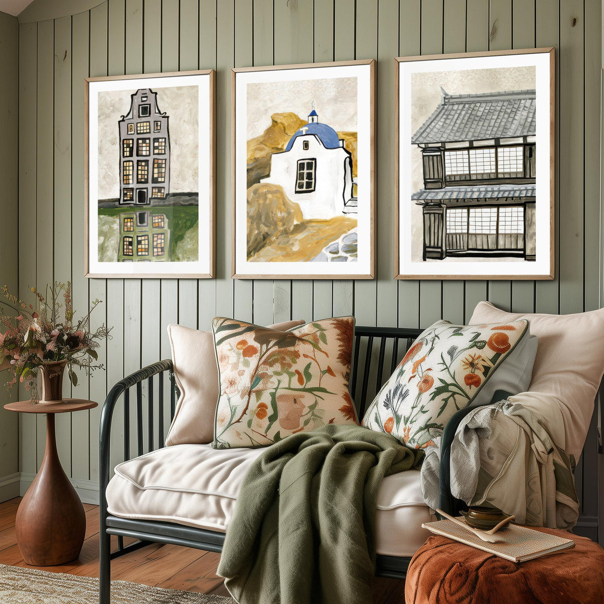 Amsterdam Canal House, Greek Chapel & Japanese Townhouse Set of Three Art Prints - World Architecture Gouache Style Poster Illustration V1