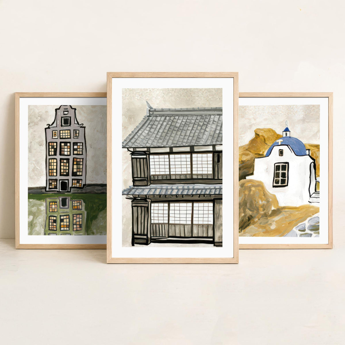 Amsterdam Canal House, Greek Chapel & Japanese Townhouse Set of Three Art Prints - World Architecture Gouache Style Poster Illustration V1