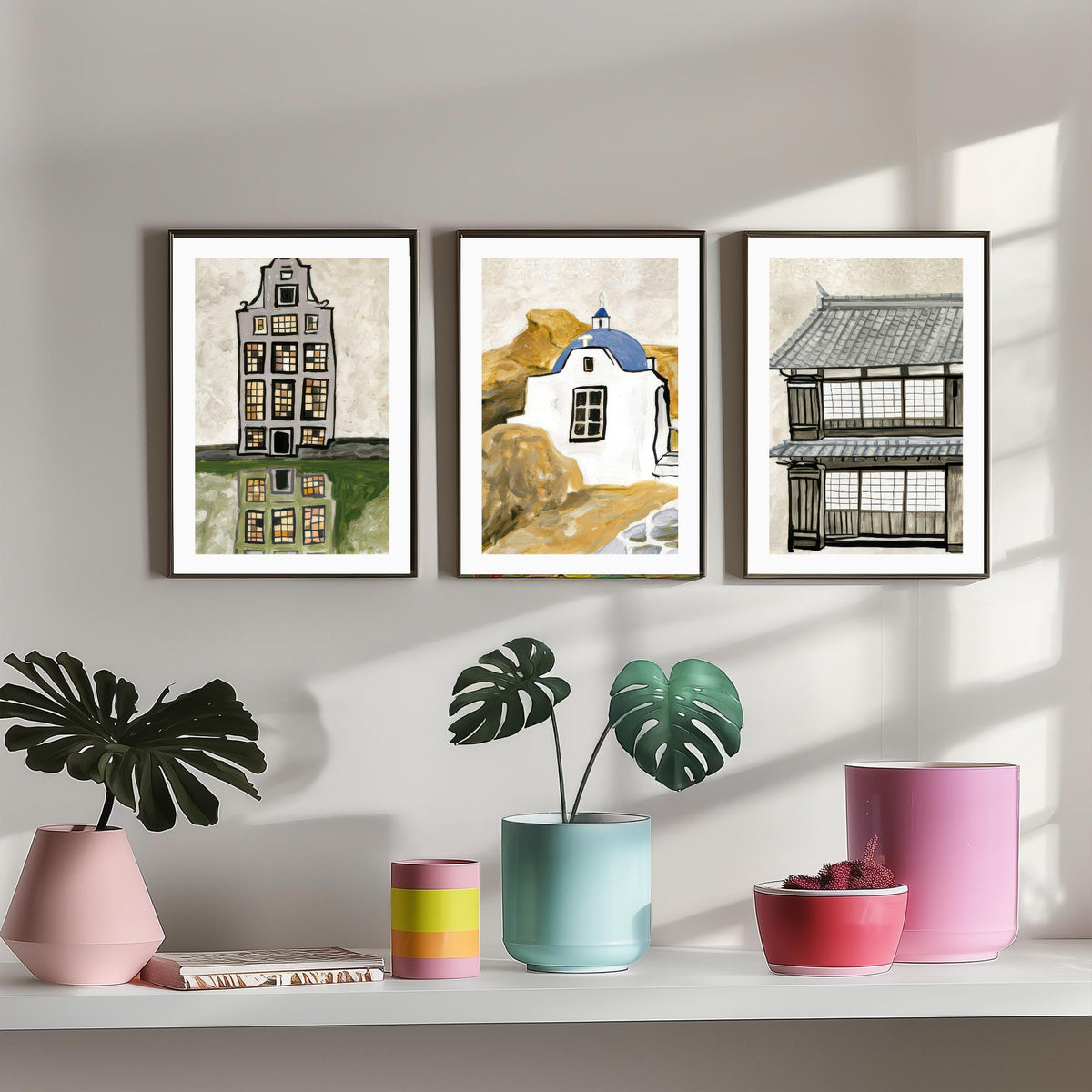 Amsterdam Canal House, Greek Chapel & Japanese Townhouse Set of Three Art Prints - World Architecture Gouache Style Poster Illustration V1