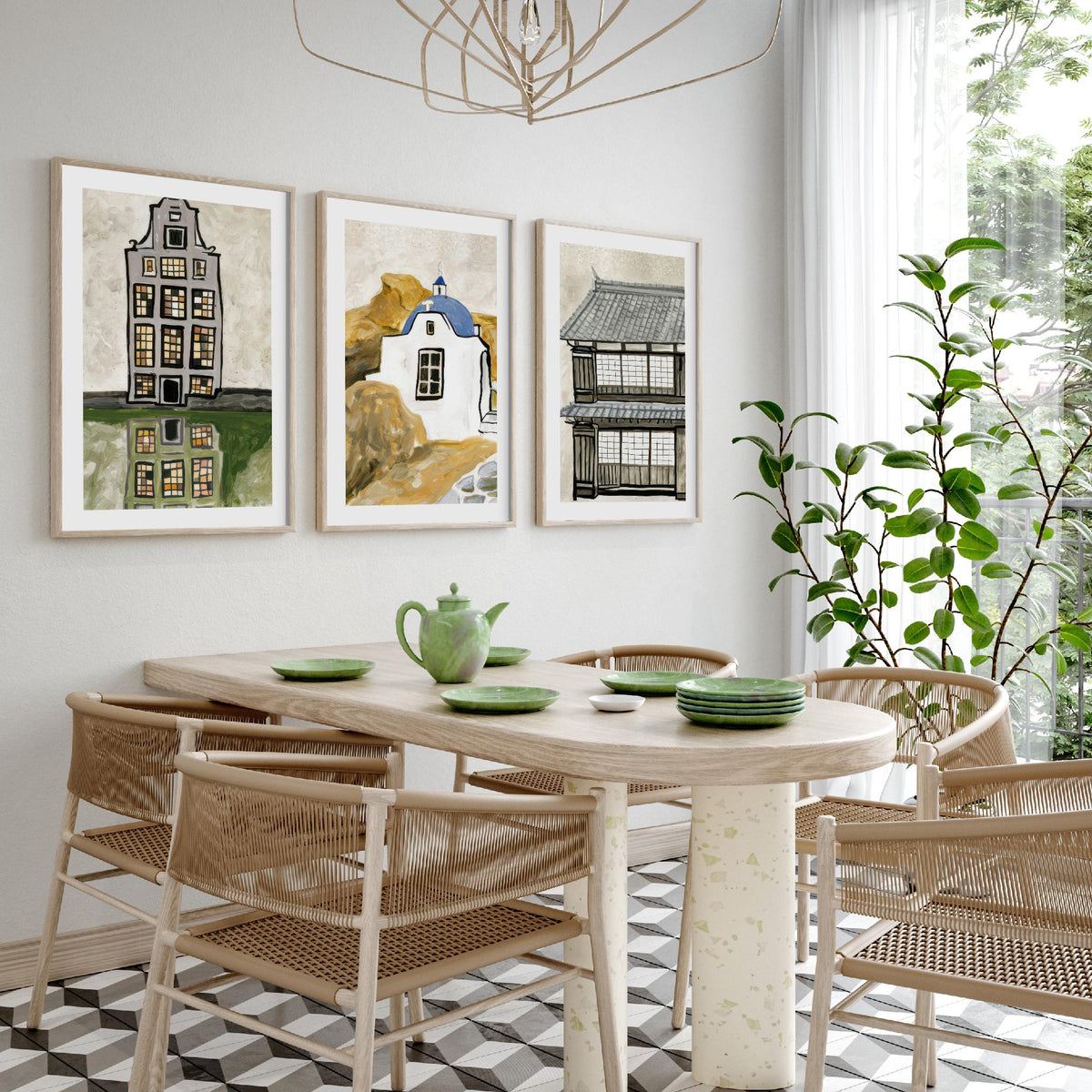 Amsterdam Canal House, Greek Chapel & Japanese Townhouse Set of Three Art Prints - World Architecture Gouache Style Poster Illustration V1
