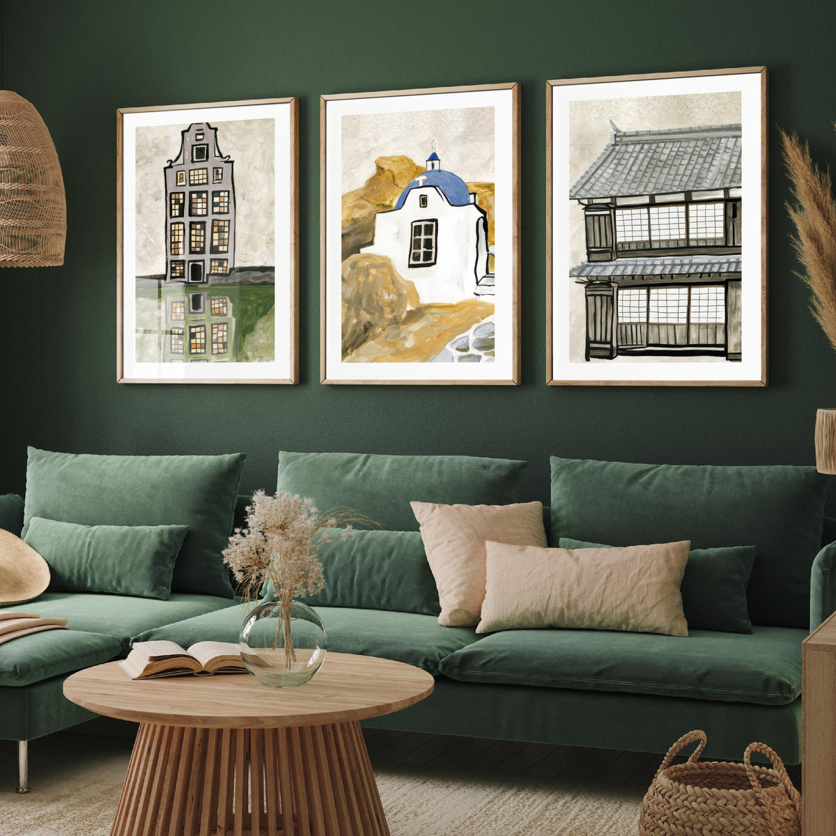 Amsterdam Canal House, Greek Chapel & Japanese Townhouse Set of Three Art Prints - World Architecture Gouache Style Poster Illustration V1