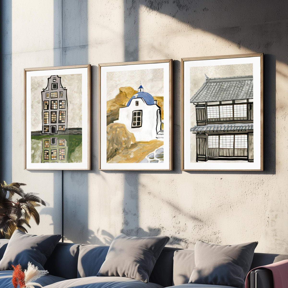 Amsterdam Canal House, Greek Chapel & Japanese Townhouse Set of Three Art Prints - World Architecture Gouache Style Poster Illustration V1