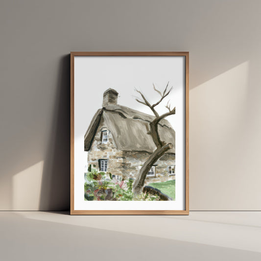 Thatched Cottage Art Print - English Country Cottage Garden Poster - Painterly Gouache Illustration V2 1/3