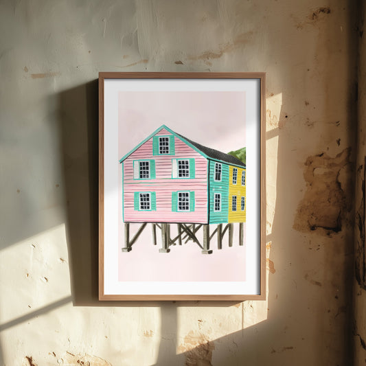 Pink Stilt House Art Print - Pastel Clapboard Homes on Stilts Poster - Whimsical Gouache Style Illustration V2 2/3