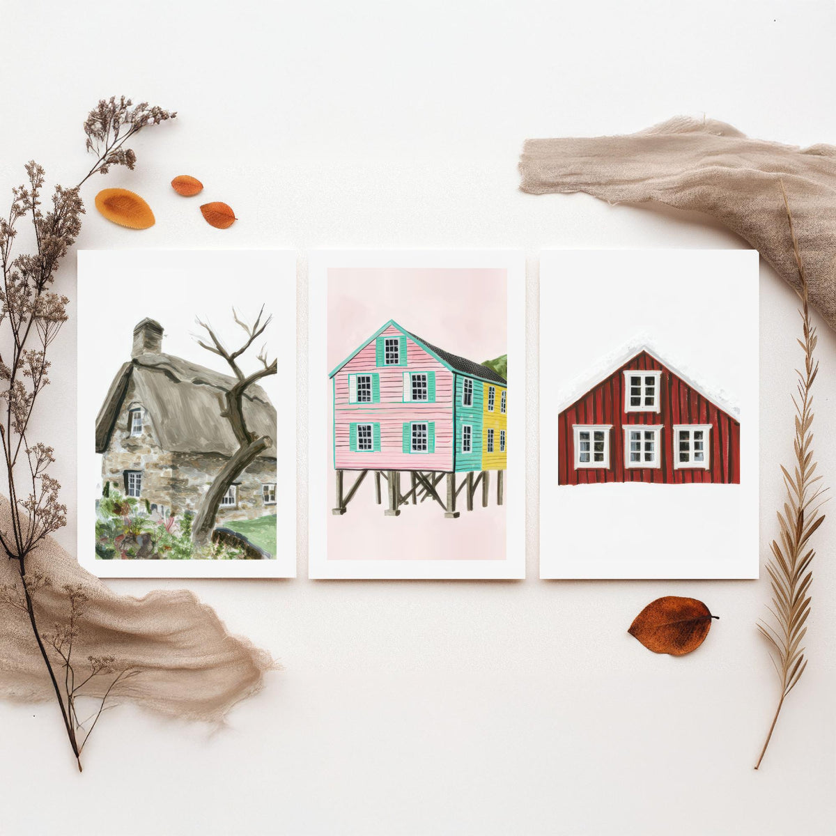 Thatched Cottage, Pink Stilt Houses & Red Nordic House Set of Three Art Prints - Painterly Gouache Homes Poster Illustration V2