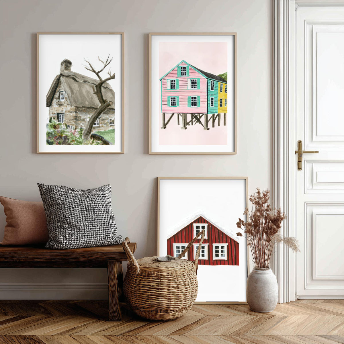 Thatched Cottage, Pink Stilt Houses & Red Nordic House Set of Three Art Prints - Painterly Gouache Homes Poster Illustration V2