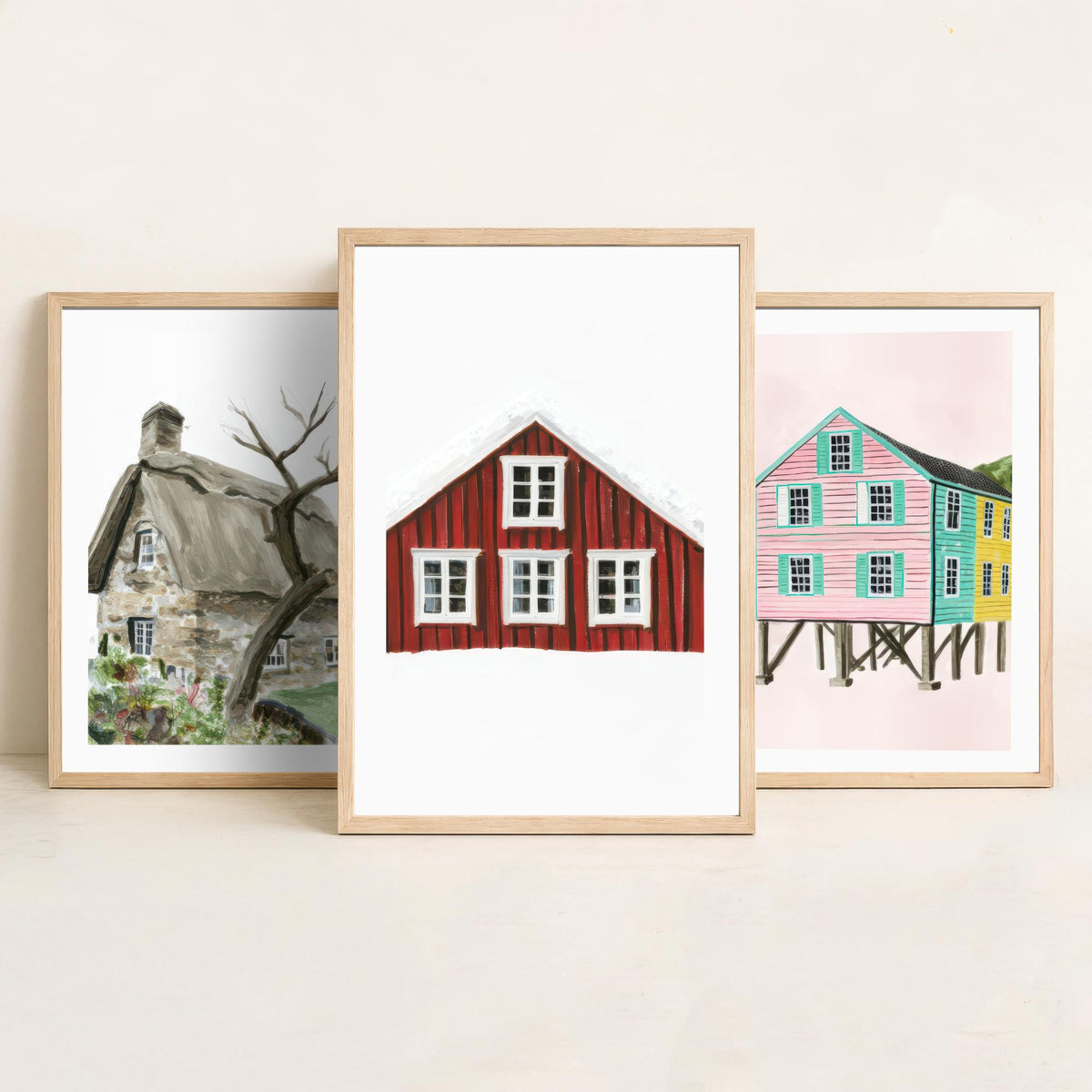 Thatched Cottage, Pink Stilt Houses & Red Nordic House Set of Three Art Prints - Painterly Gouache Homes Poster Illustration V2
