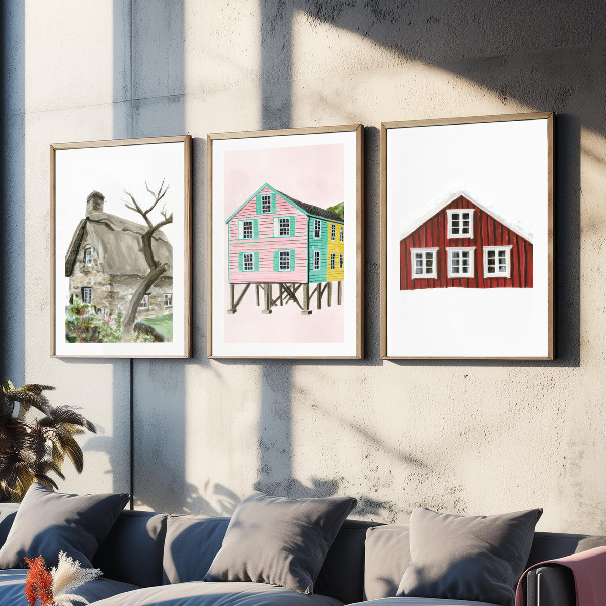 Thatched Cottage, Pink Stilt Houses & Red Nordic House Set of Three Art Prints - Painterly Gouache Homes Poster Illustration V2