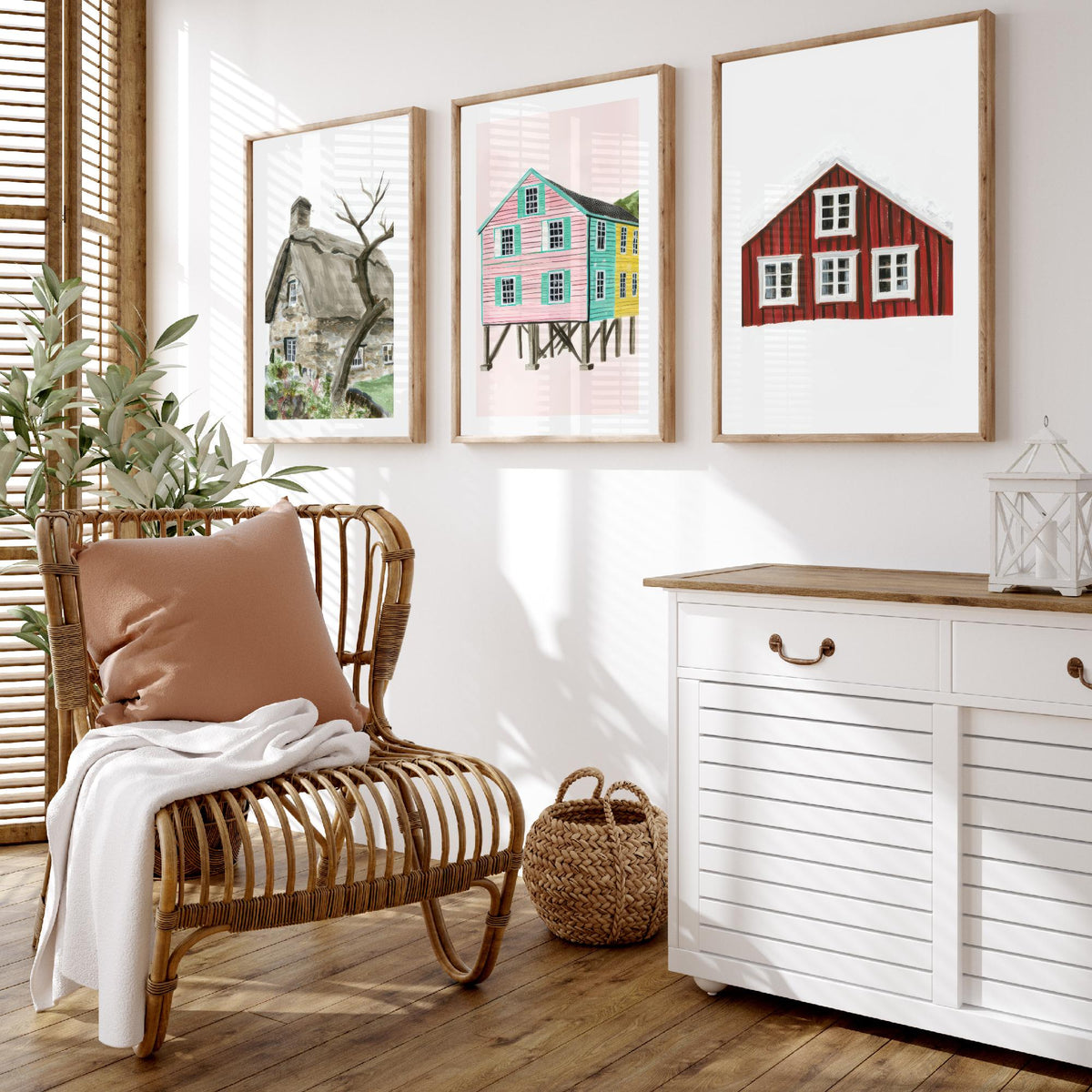 Thatched Cottage, Pink Stilt Houses & Red Nordic House Set of Three Art Prints - Painterly Gouache Homes Poster Illustration V2