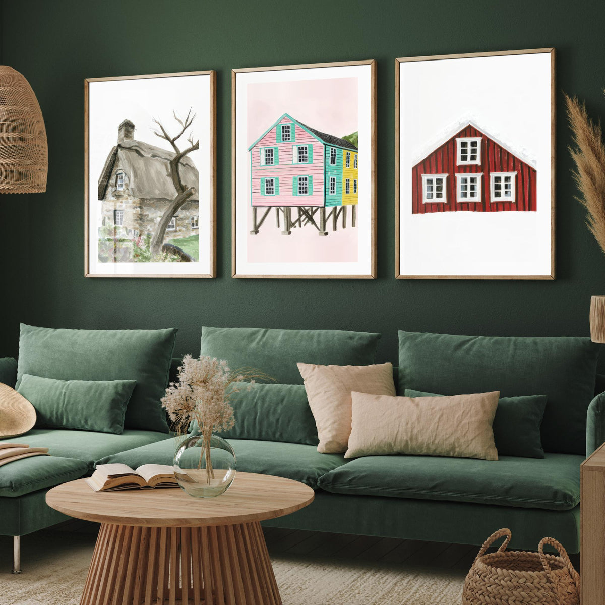 Thatched Cottage, Pink Stilt Houses & Red Nordic House Set of Three Art Prints - Painterly Gouache Homes Poster Illustration V2
