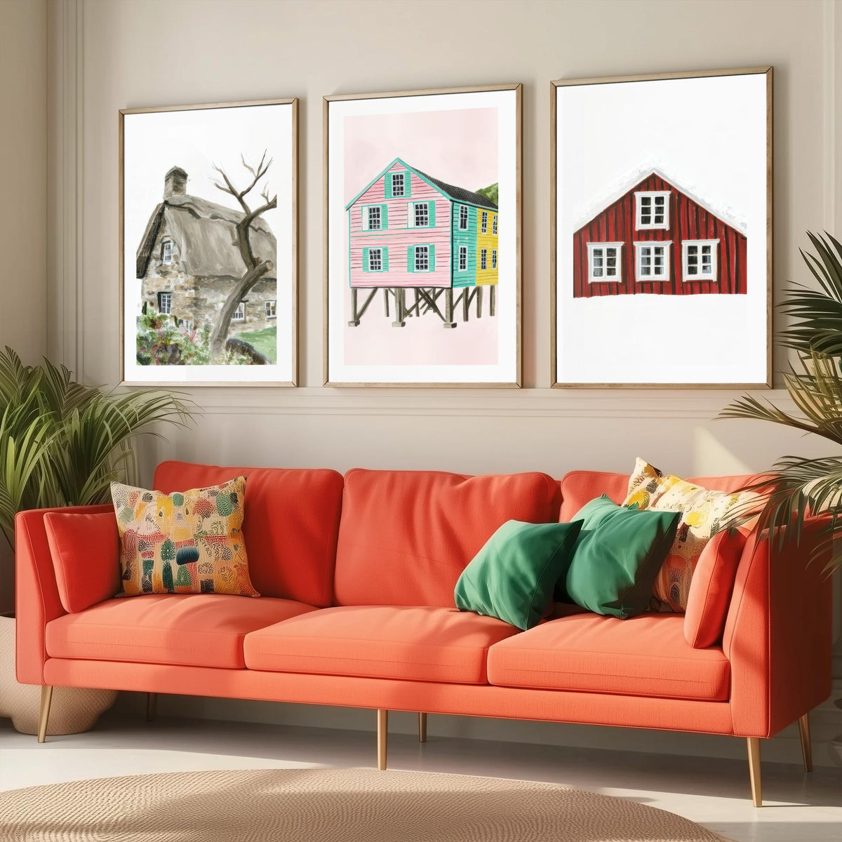 Thatched Cottage, Pink Stilt Houses & Red Nordic House Set of Three Art Prints - Painterly Gouache Homes Poster Illustration V2