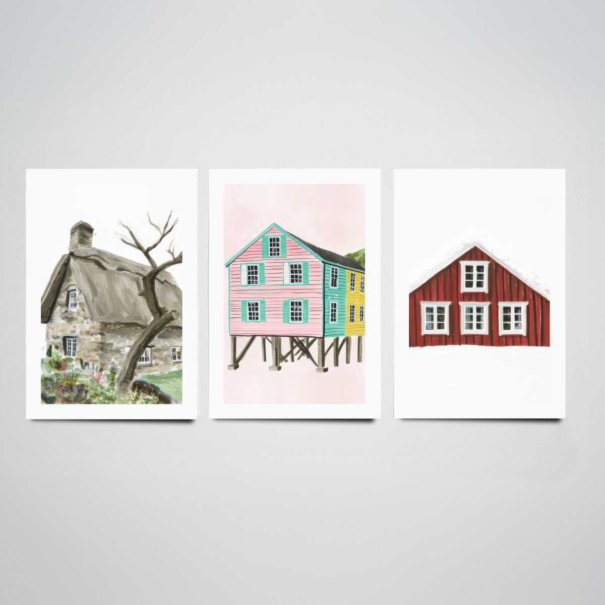 Thatched Cottage, Pink Stilt Houses & Red Nordic House Set of Three Art Prints - Painterly Gouache Homes Poster Illustration V2