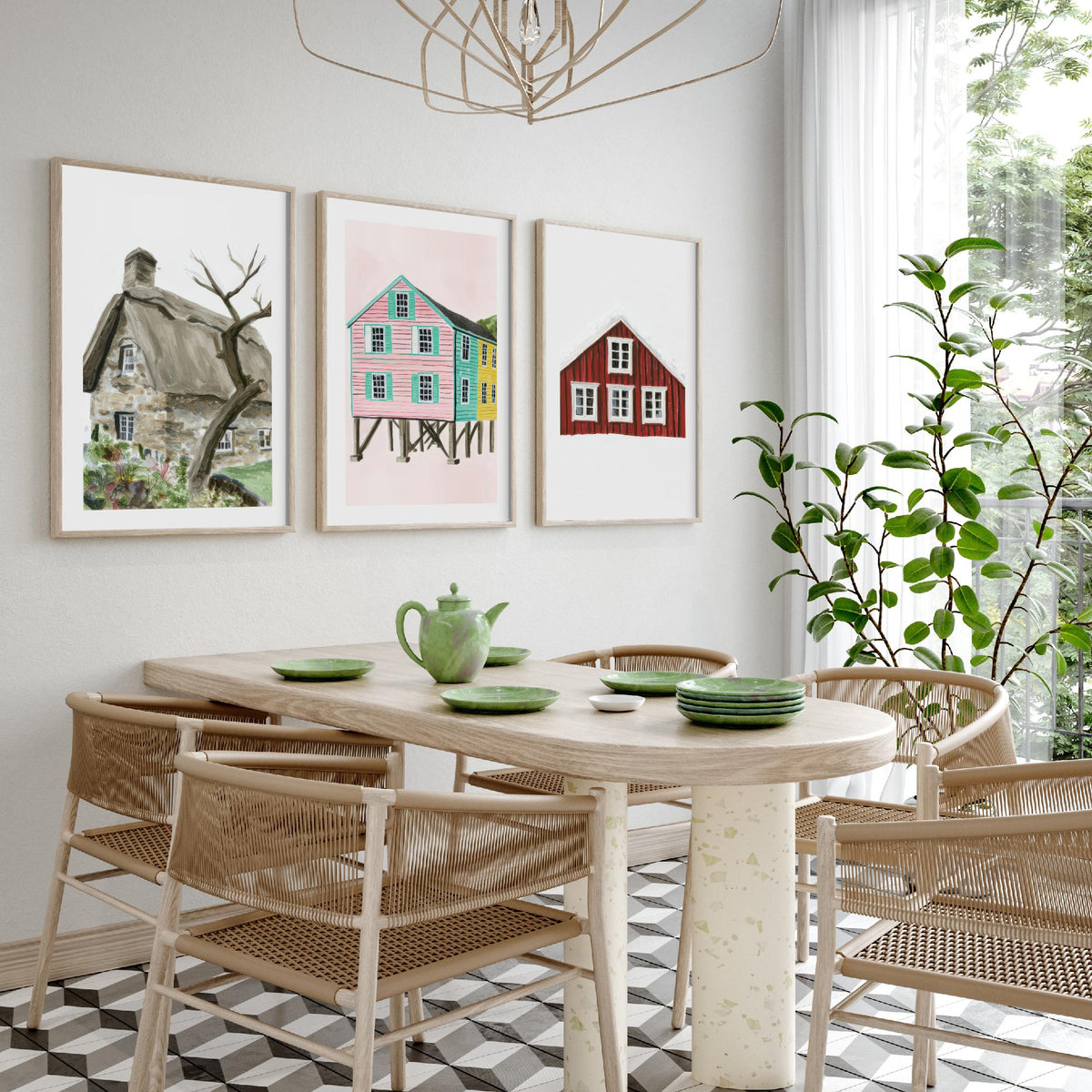 Thatched Cottage, Pink Stilt Houses & Red Nordic House Set of Three Art Prints - Painterly Gouache Homes Poster Illustration V2