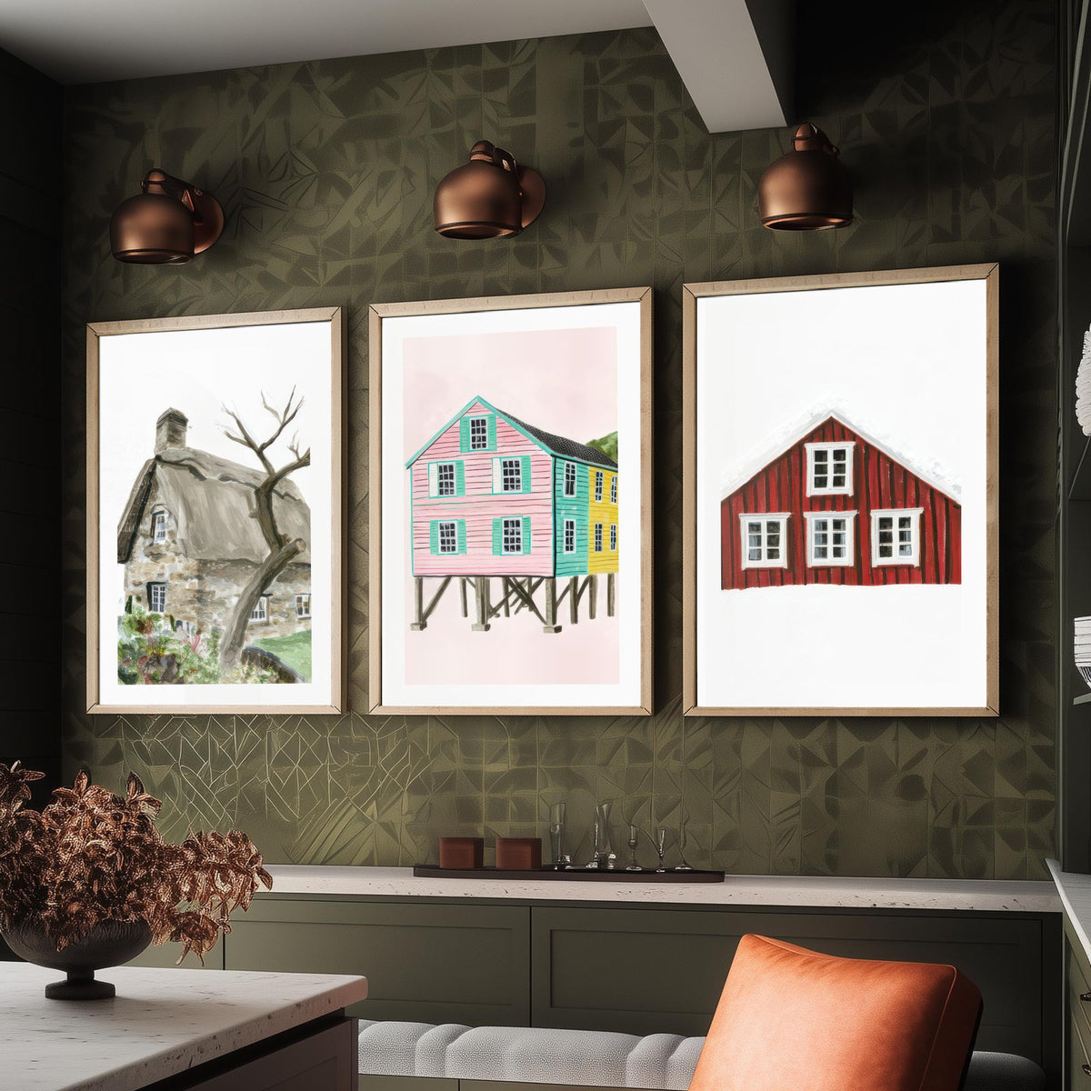 Thatched Cottage, Pink Stilt Houses & Red Nordic House Set of Three Art Prints - Painterly Gouache Homes Poster Illustration V2