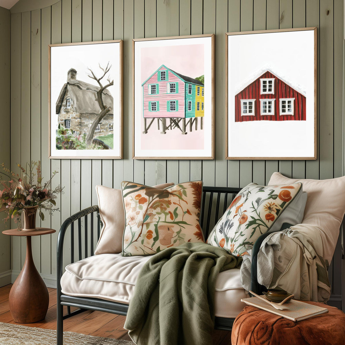 Thatched Cottage, Pink Stilt Houses & Red Nordic House Set of Three Art Prints - Painterly Gouache Homes Poster Illustration V2