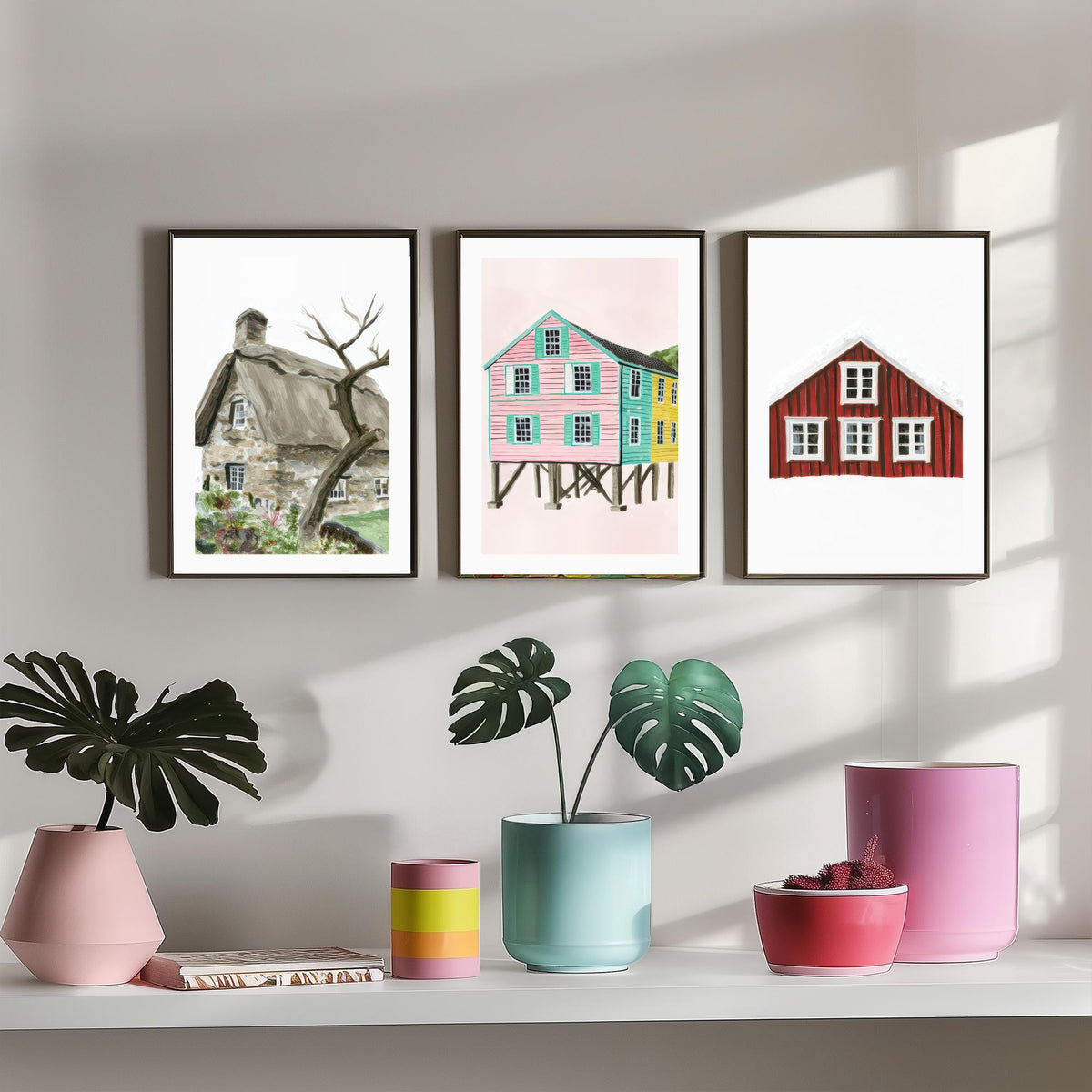 Thatched Cottage, Pink Stilt Houses & Red Nordic House Set of Three Art Prints - Painterly Gouache Homes Poster Illustration V2
