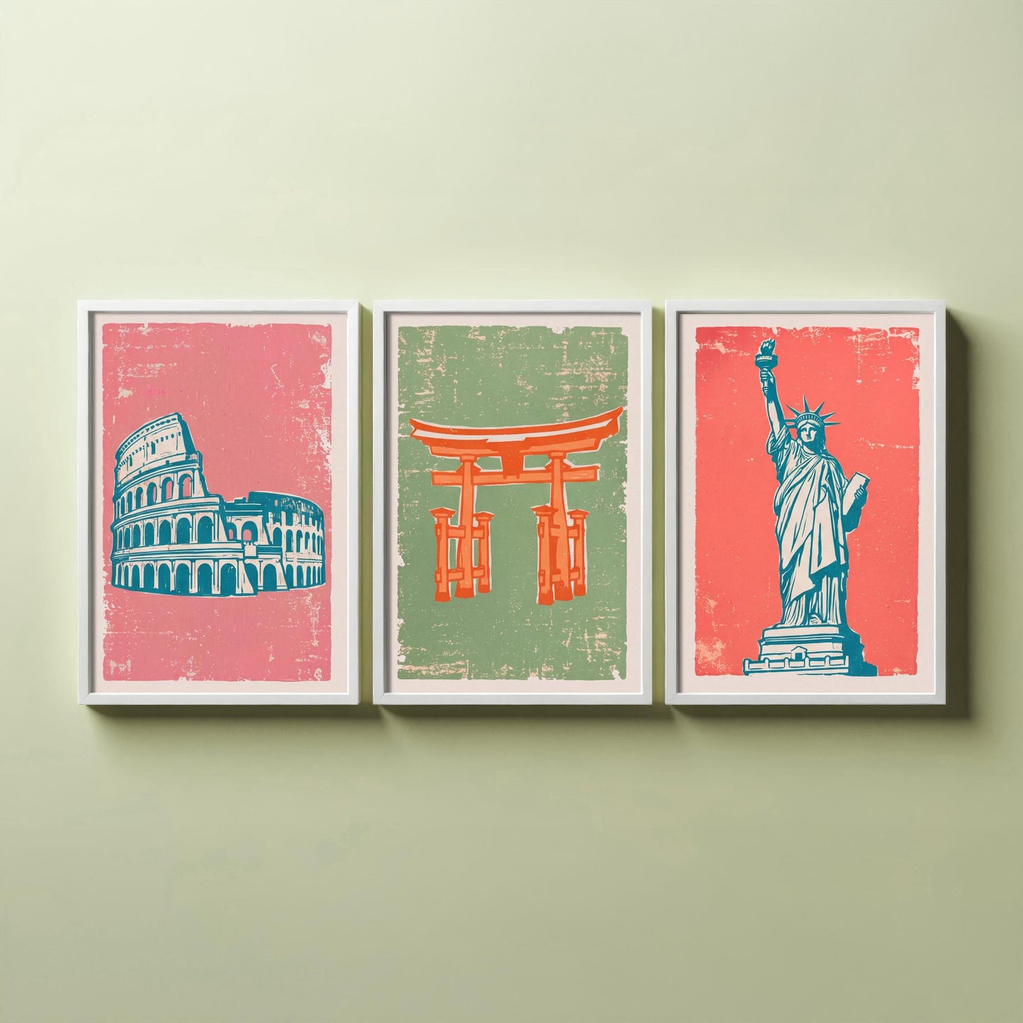 Set of Three World Landmarks Art Prints - Colosseum, Torii Gate & Statue of Liberty - Linocut Style Illustrations - Travel Posters V2