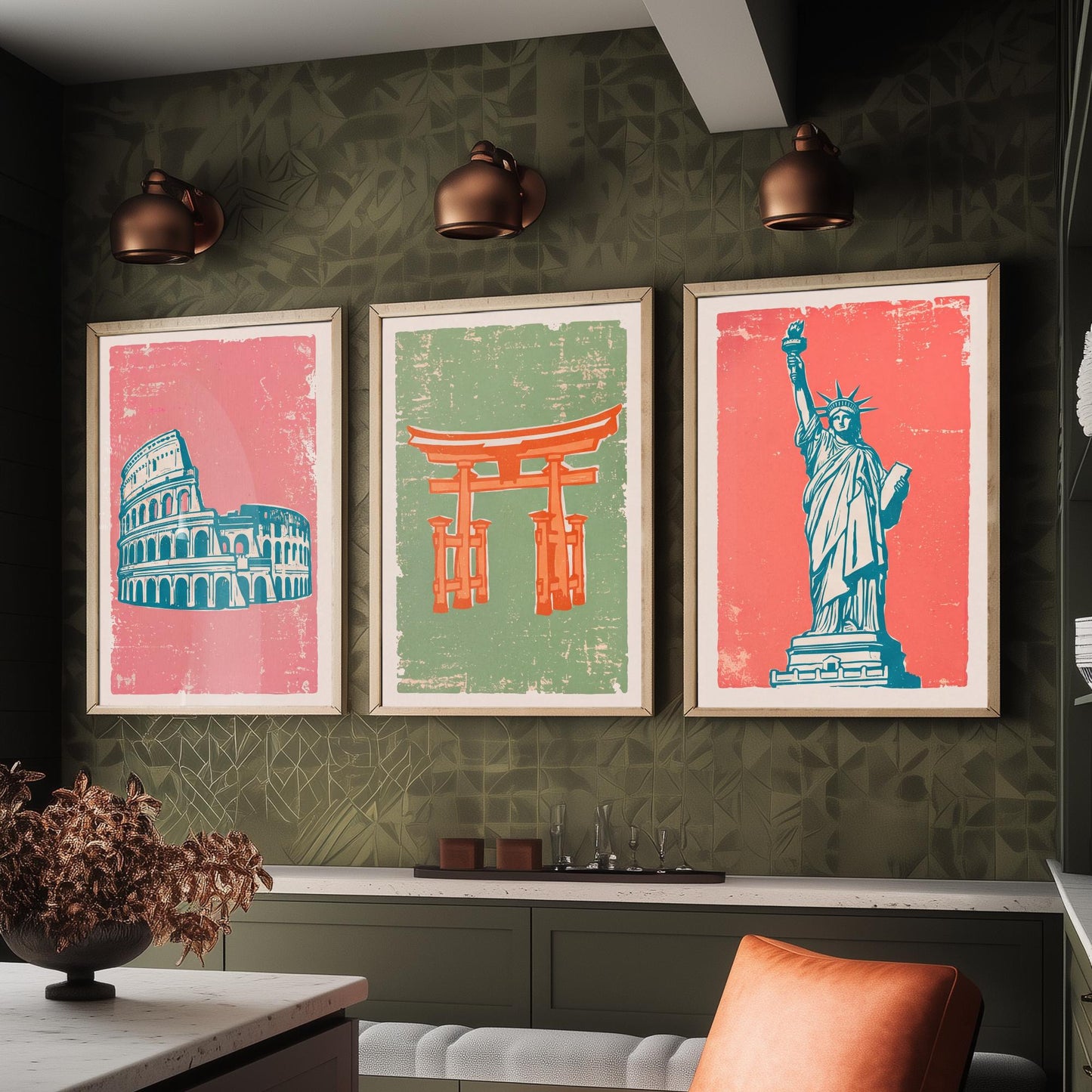 Set of Three World Landmarks Art Prints - Colosseum, Torii Gate & Statue of Liberty - Linocut Style Illustrations - Travel Posters V2