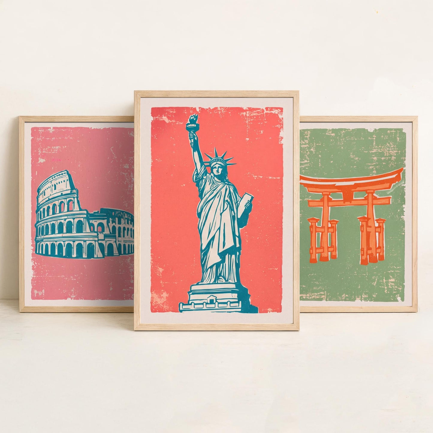 Set of Three World Landmarks Art Prints - Colosseum, Torii Gate & Statue of Liberty - Linocut Style Illustrations - Travel Posters V2