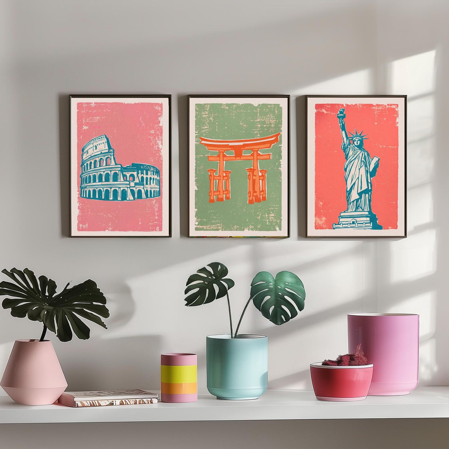 Set of Three World Landmarks Art Prints - Colosseum, Torii Gate & Statue of Liberty - Linocut Style Illustrations - Travel Posters V2