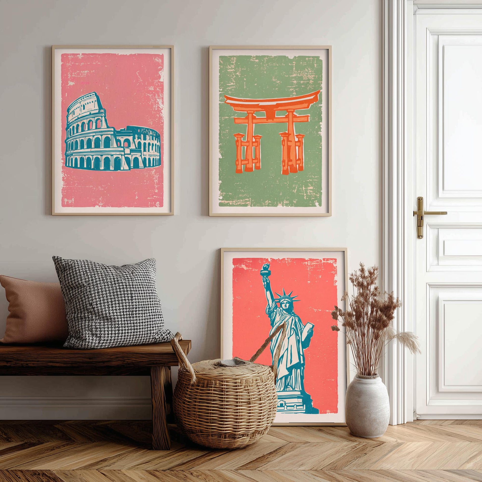 Set of Three World Landmarks Art Prints - Colosseum, Torii Gate & Statue of Liberty - Linocut Style Illustrations - Travel Posters V2