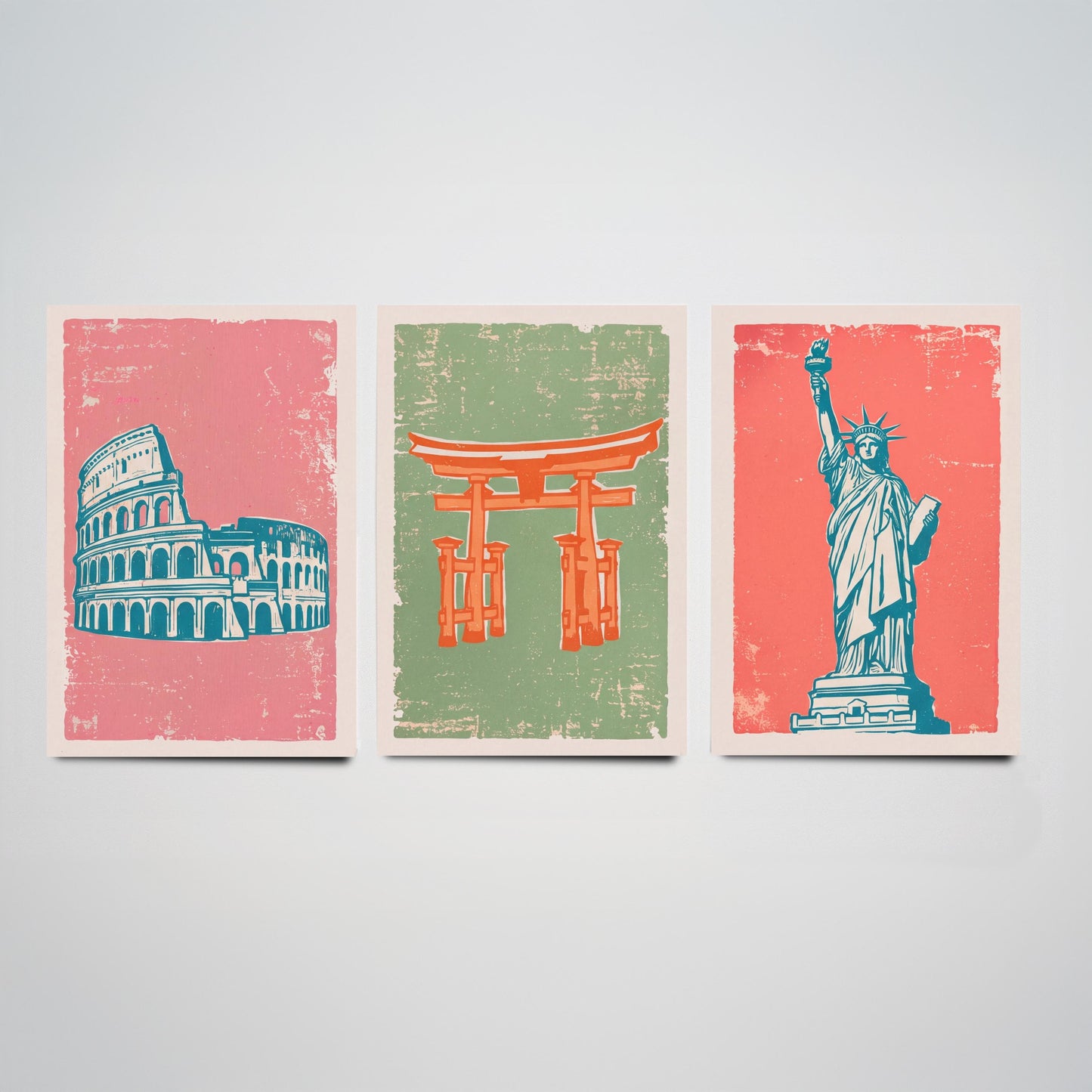Set of Three World Landmarks Art Prints - Colosseum, Torii Gate & Statue of Liberty - Linocut Style Illustrations - Travel Posters V2