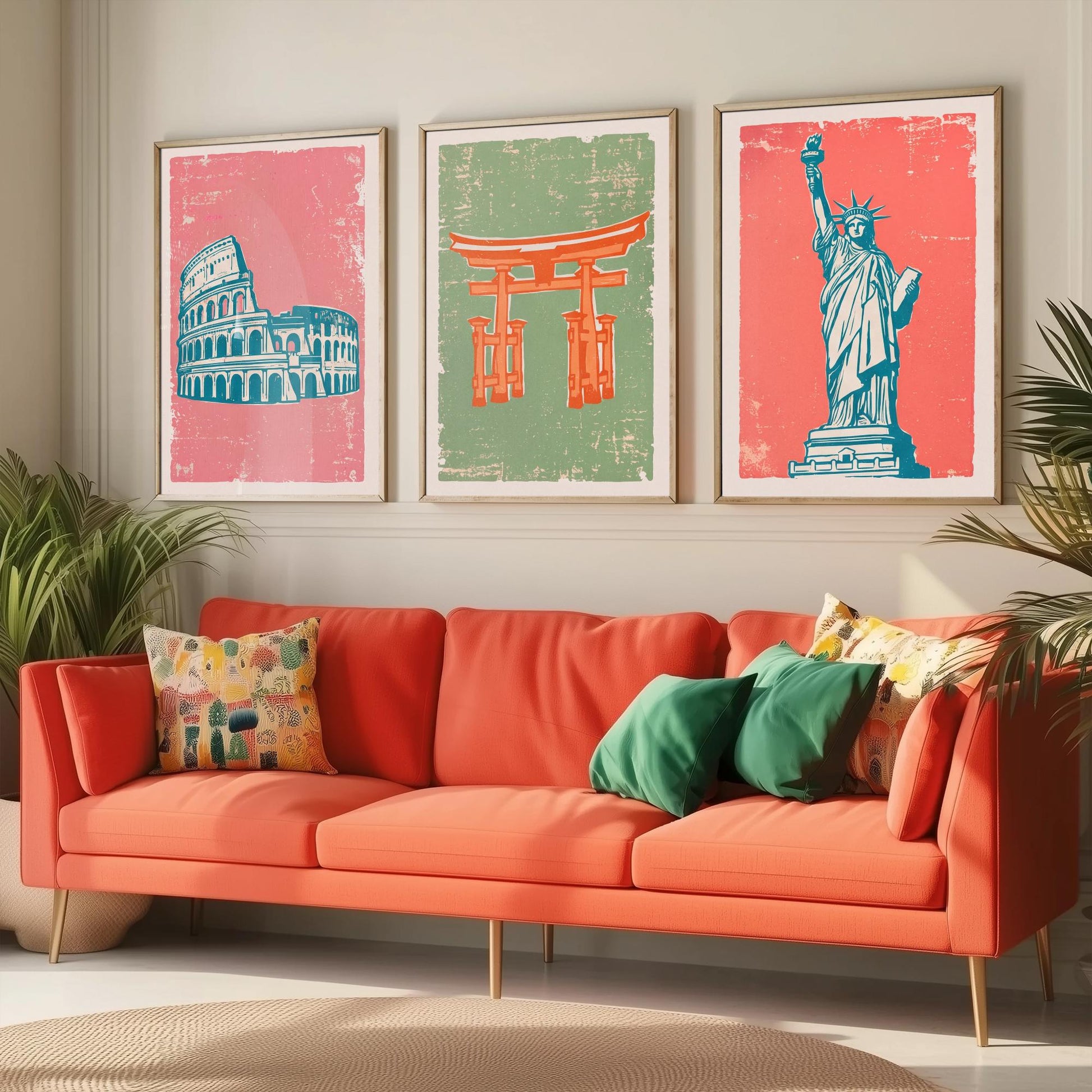 Set of Three World Landmarks Art Prints - Colosseum, Torii Gate & Statue of Liberty - Linocut Style Illustrations - Travel Posters V2