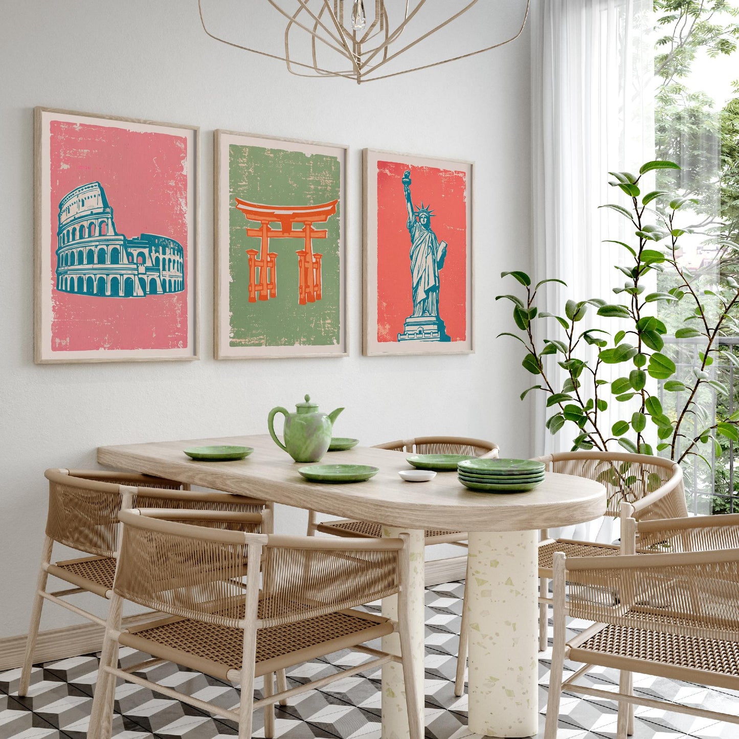 Set of Three World Landmarks Art Prints - Colosseum, Torii Gate & Statue of Liberty - Linocut Style Illustrations - Travel Posters V2