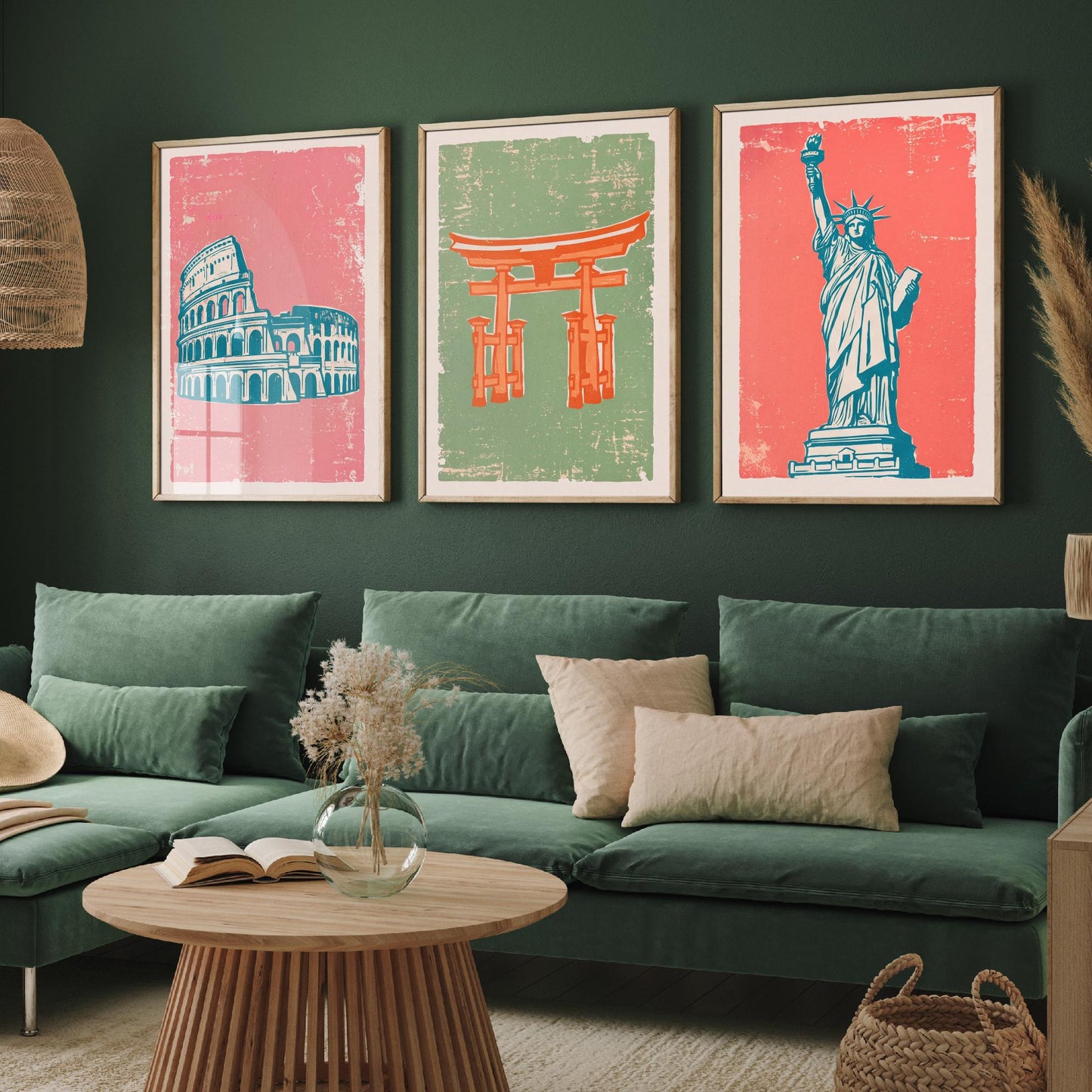 Set of Three World Landmarks Art Prints - Colosseum, Torii Gate & Statue of Liberty - Linocut Style Illustrations - Travel Posters V2