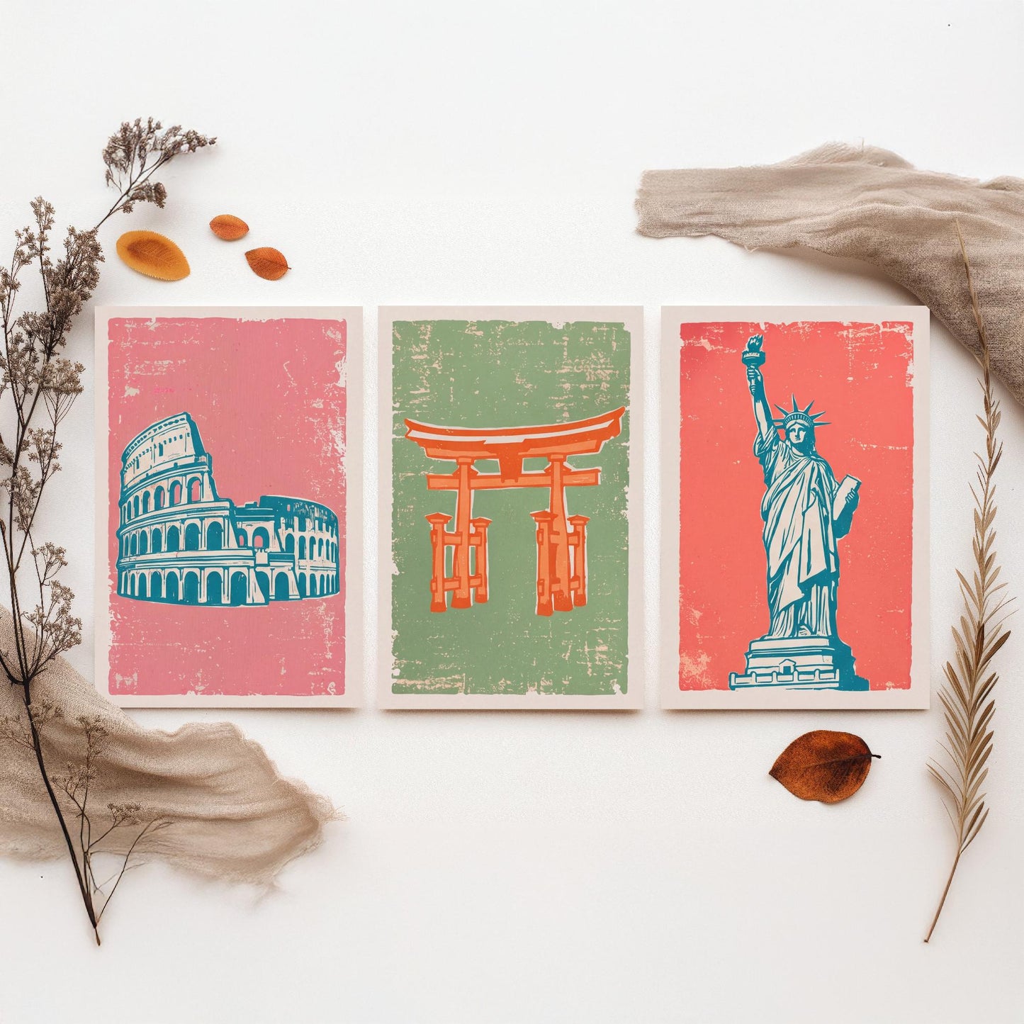 Set of Three World Landmarks Art Prints - Colosseum, Torii Gate & Statue of Liberty - Linocut Style Illustrations - Travel Posters V2