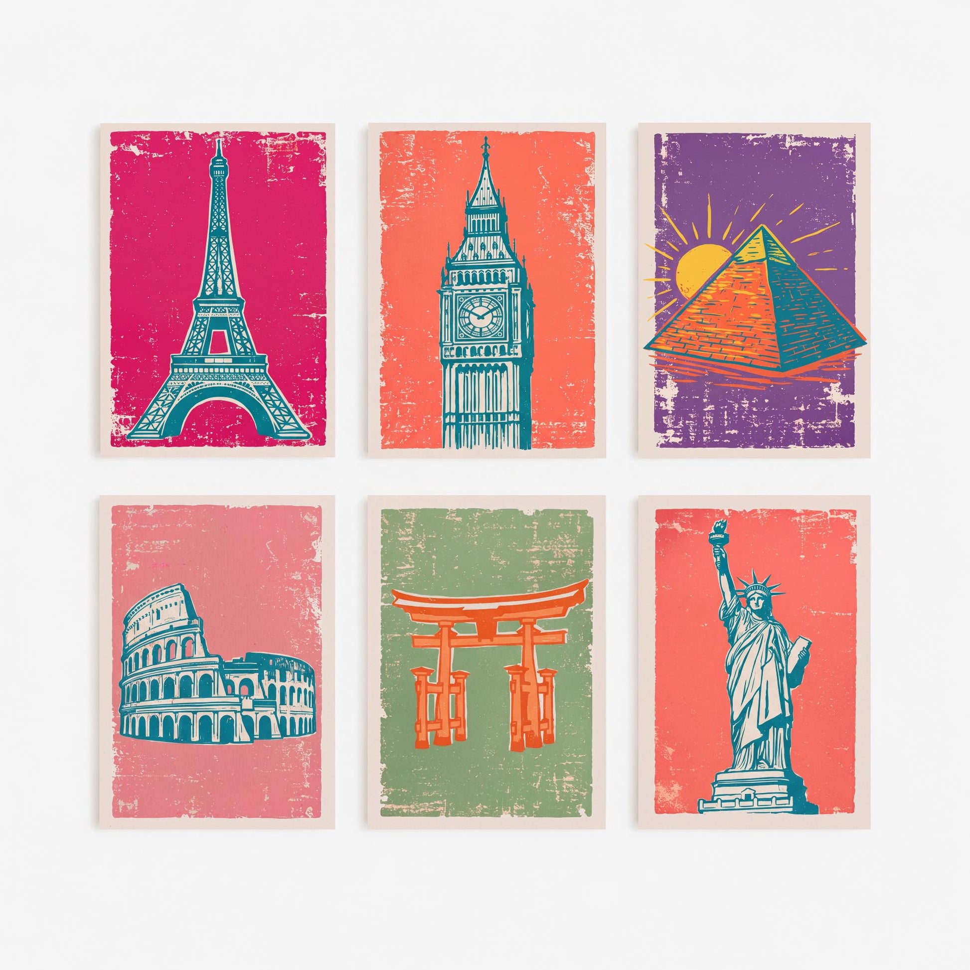 Set of Six World Landmarks Art Prints - 6 Linocut Travel Illustrations - Eiffel Tower, Big Ben, Pyramid, Colosseum, Torii Gate Posters