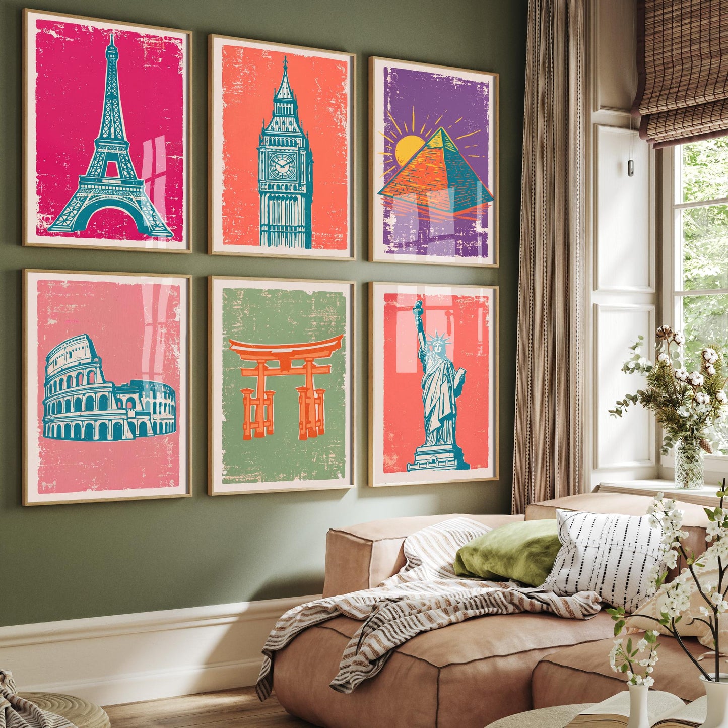Set of Six World Landmarks Art Prints - 6 Linocut Travel Illustrations - Eiffel Tower, Big Ben, Pyramid, Colosseum, Torii Gate Posters