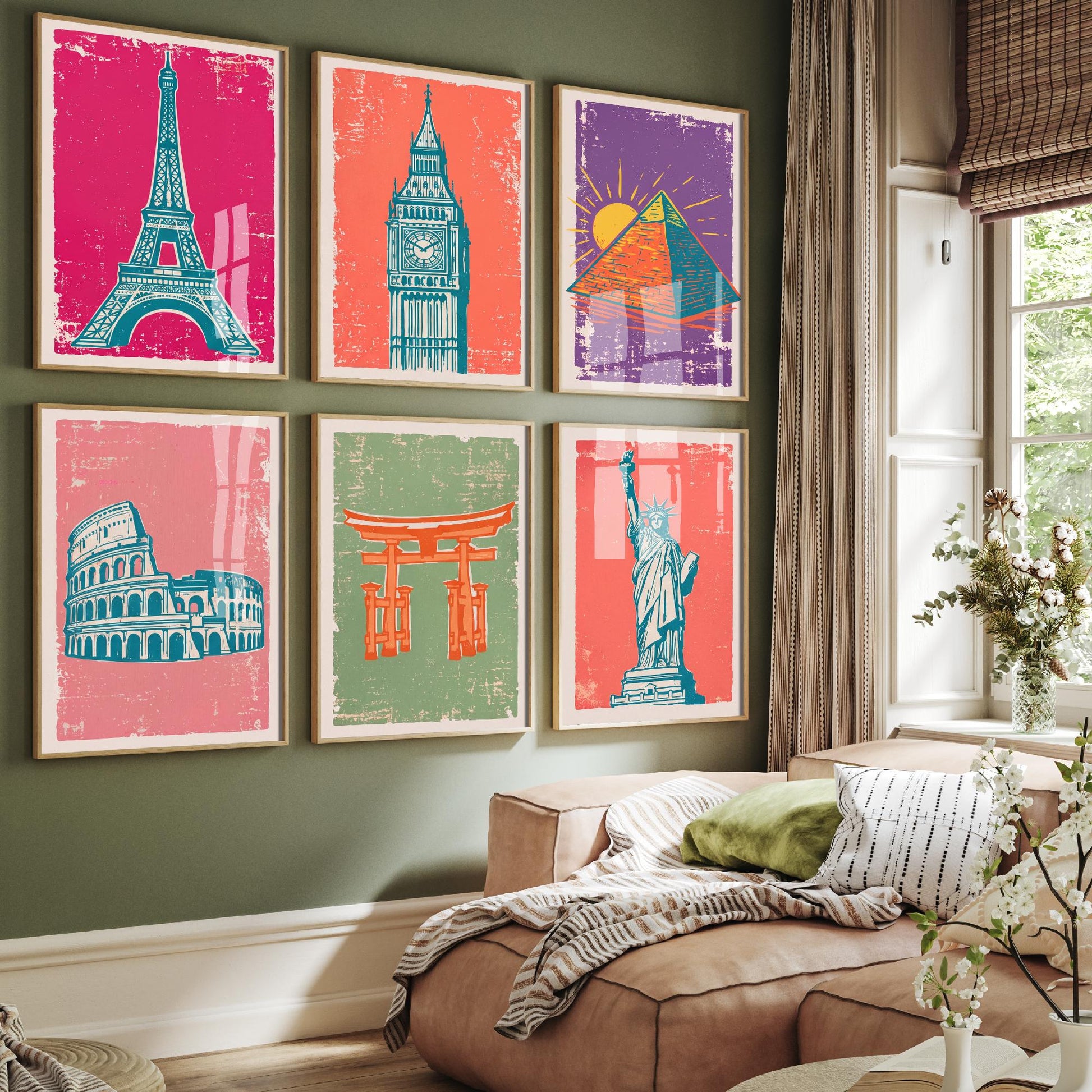Set of Six World Landmarks Art Prints - 6 Linocut Travel Illustrations - Eiffel Tower, Big Ben, Pyramid, Colosseum, Torii Gate Posters