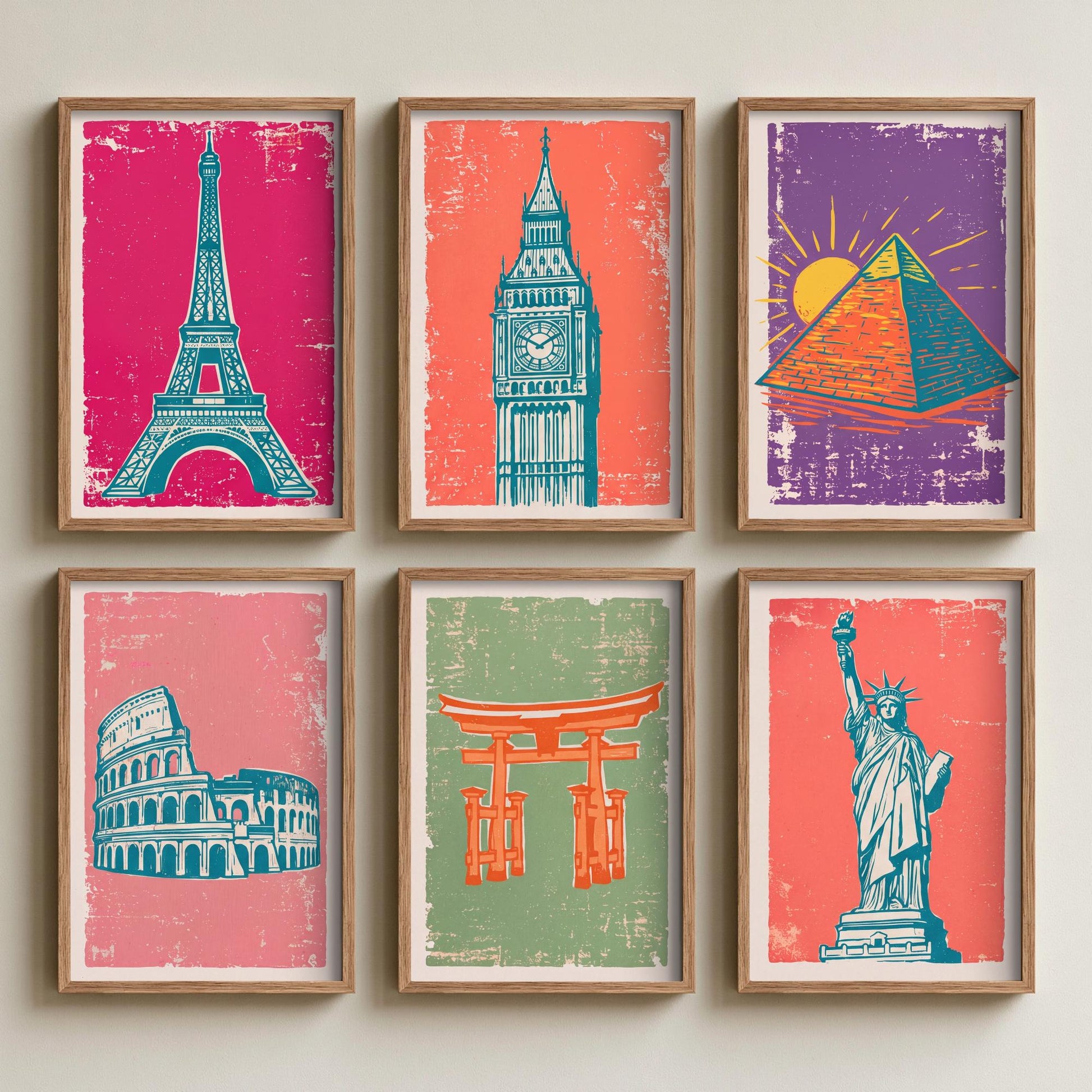 Set of Six World Landmarks Art Prints - 6 Linocut Travel Illustrations - Eiffel Tower, Big Ben, Pyramid, Colosseum, Torii Gate Posters