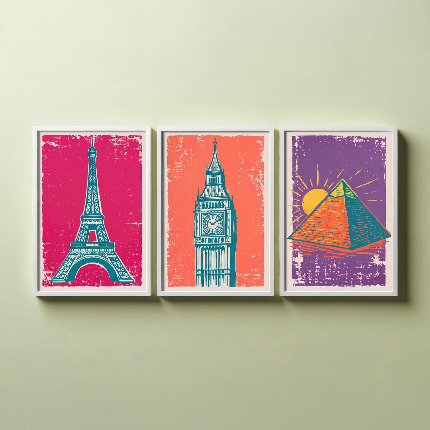 Set of Three World Landmarks Art Prints - Eiffel Tower, Clock Tower & Pyramid - Linocut Style Illustrations - Travel Posters V1