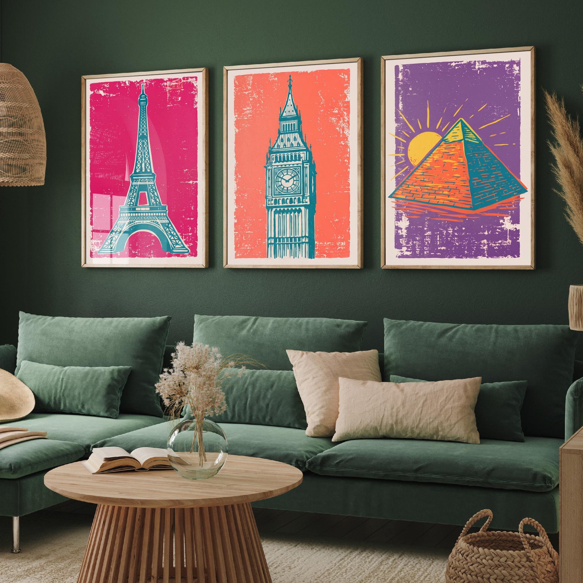 Set of Three World Landmarks Art Prints - Eiffel Tower, Clock Tower & Pyramid - Linocut Style Illustrations - Travel Posters V1