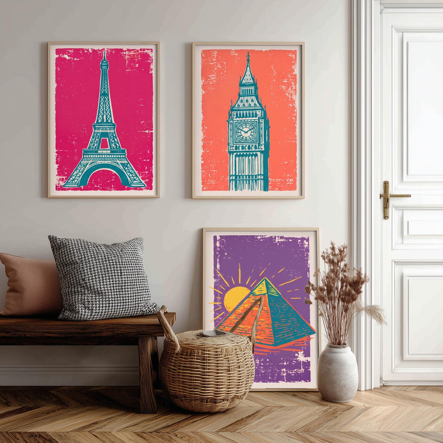 Set of Three World Landmarks Art Prints - Eiffel Tower, Clock Tower & Pyramid - Linocut Style Illustrations - Travel Posters V1