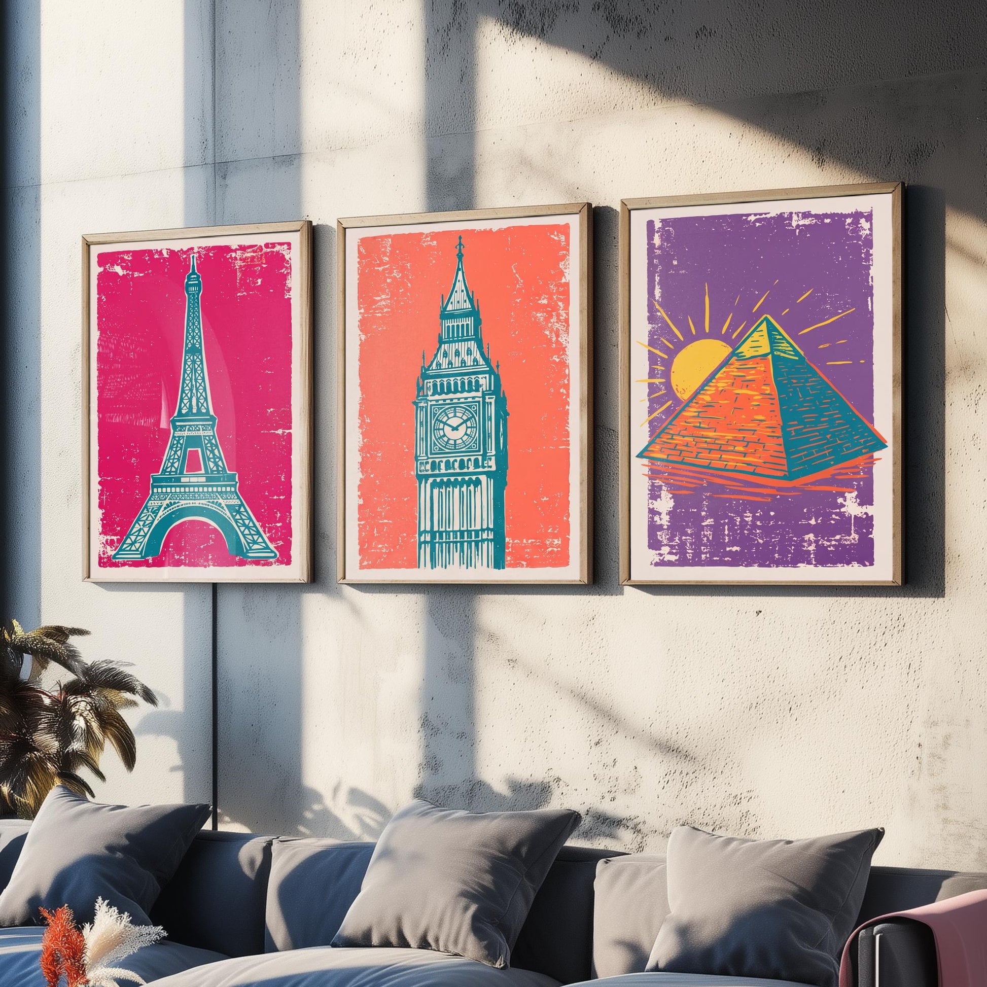 Set of Three World Landmarks Art Prints - Eiffel Tower, Clock Tower & Pyramid - Linocut Style Illustrations - Travel Posters V1
