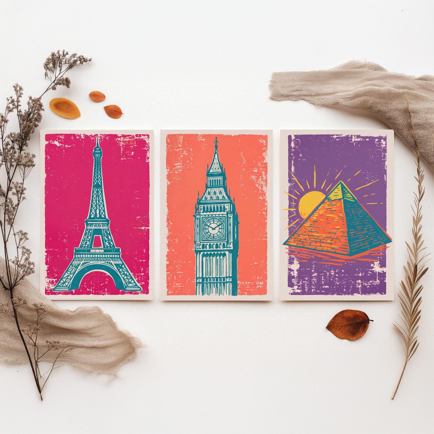 Set of Three World Landmarks Art Prints - Eiffel Tower, Clock Tower & Pyramid - Linocut Style Illustrations - Travel Posters V1