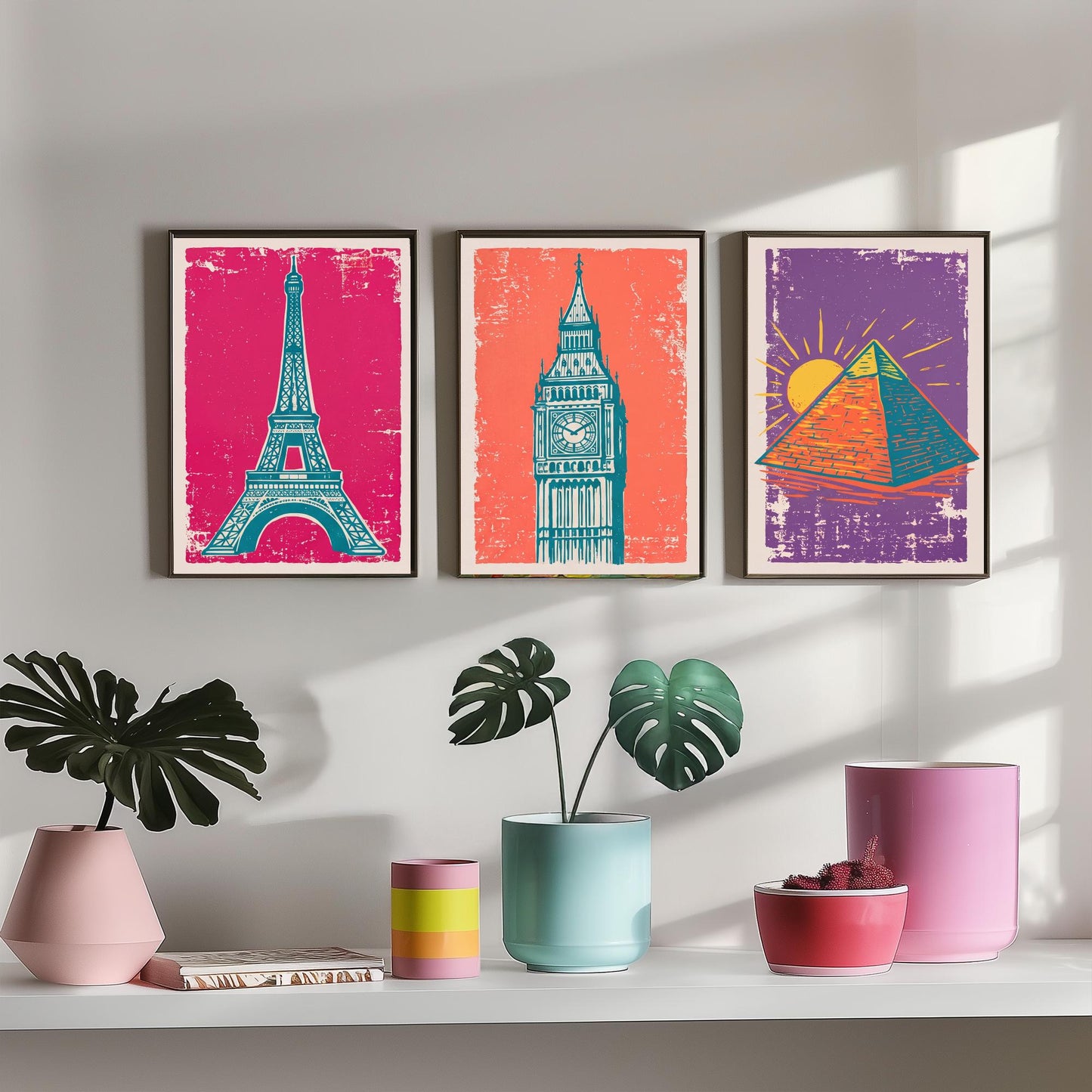 Set of Three World Landmarks Art Prints - Eiffel Tower, Clock Tower & Pyramid - Linocut Style Illustrations - Travel Posters V1