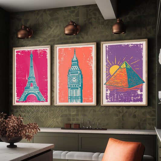 Set of Three World Landmarks Art Prints - Eiffel Tower, Clock Tower & Pyramid - Linocut Style Illustrations - Travel Posters V1